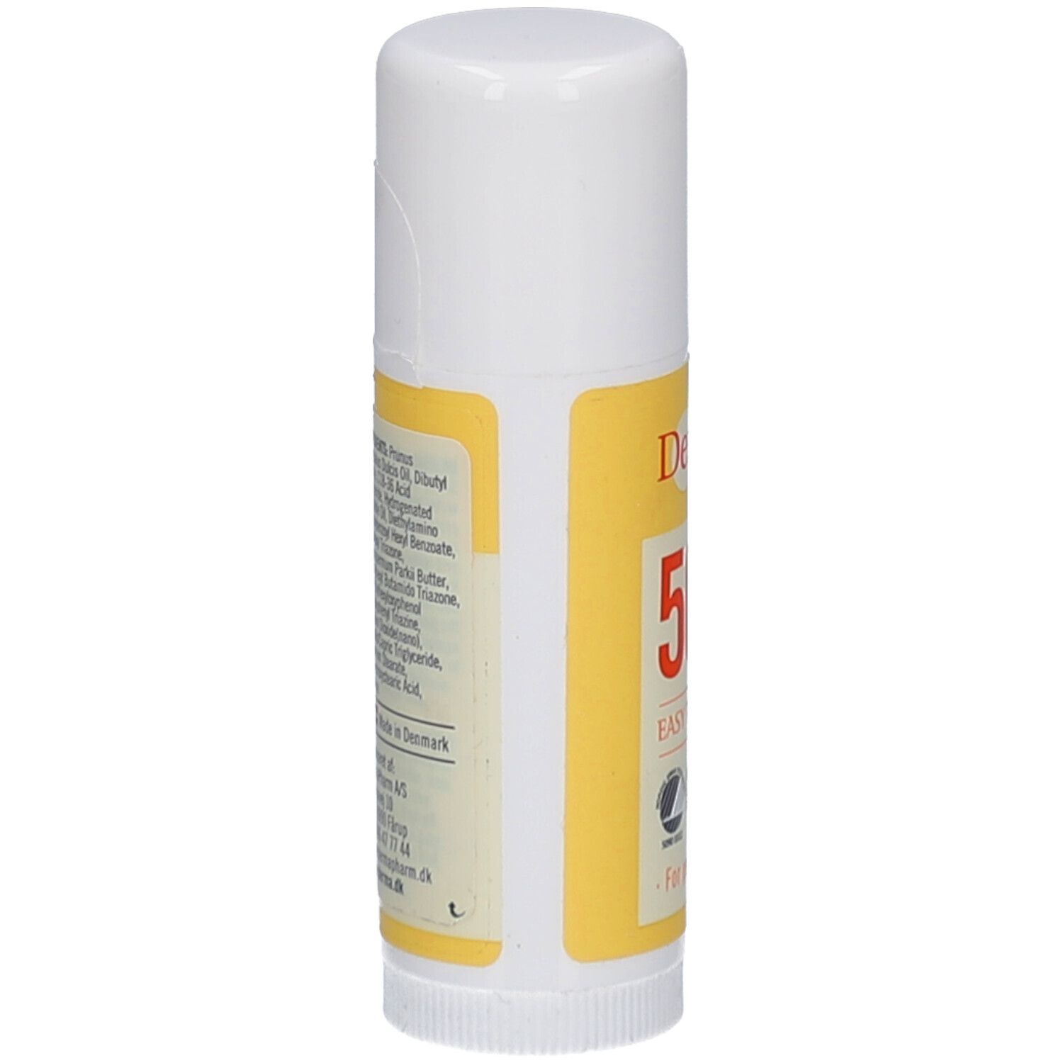 Witte zonnebrandstick met geel etiket. Opschrift: Ingrediënten, gemaakt in Denemarken. Tekst en logo's.