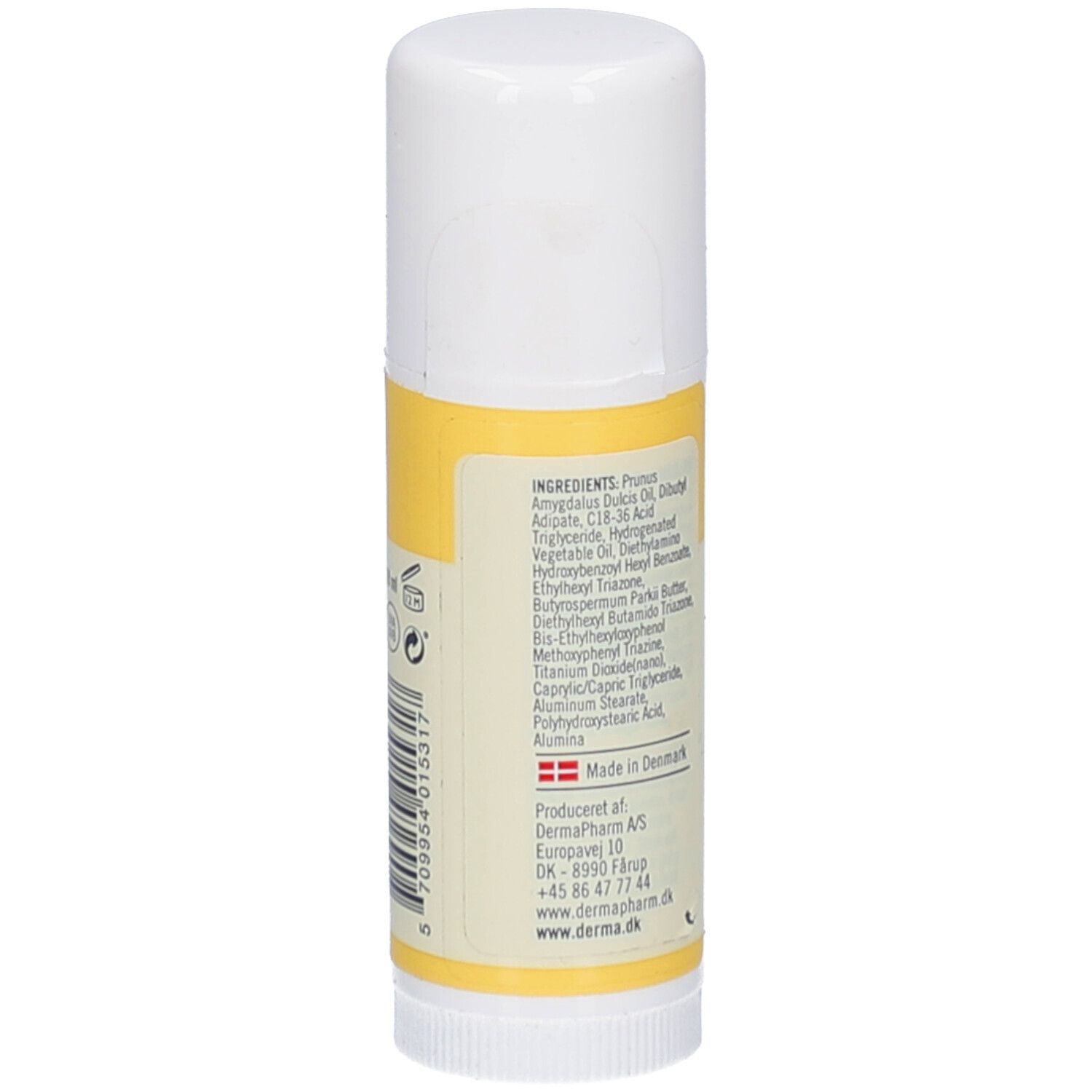 Witte zonnebrandstick met geel etiket. Opschrift: Ingrediënten, gemaakt in Denemarken. Tekst en logo's.