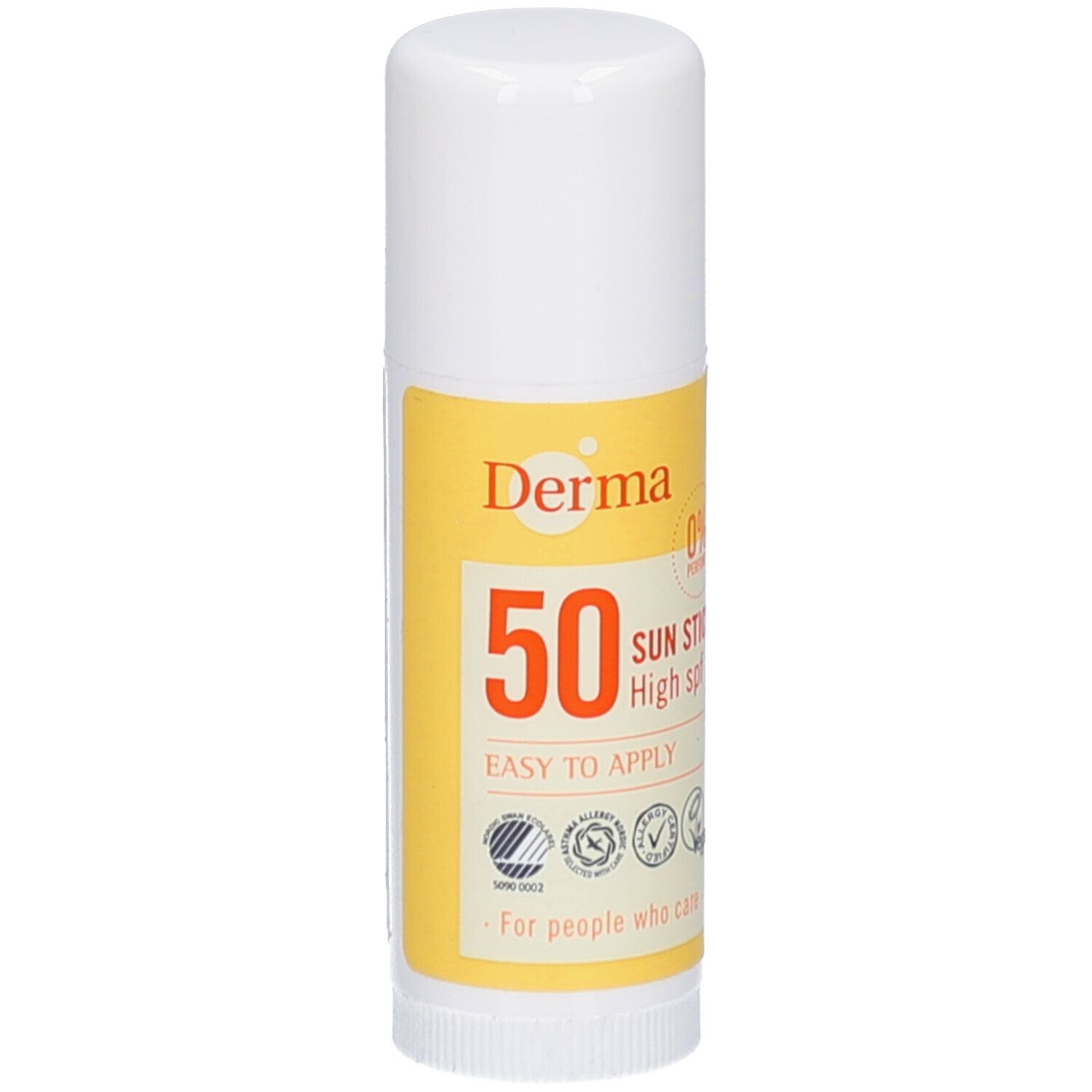 Witte zonnebrandstick met geel etiket. Opschrift: Derma, 50, Sun Stick High spf. Logo's en tekst: Easy to apply, voor mensen die geven.