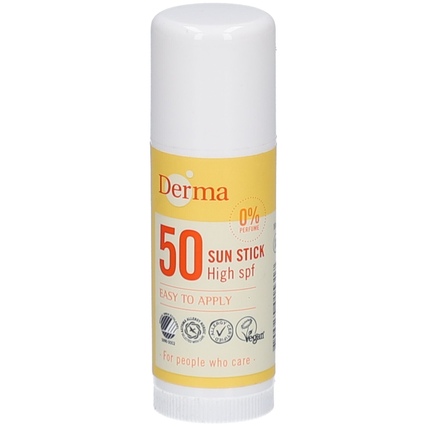 Witte zonnebrandstick met geel etiket. Opschrift: Derma, 50, Sun Stick High spf. Logo's en tekst: Easy to apply, voor mensen die geven.
