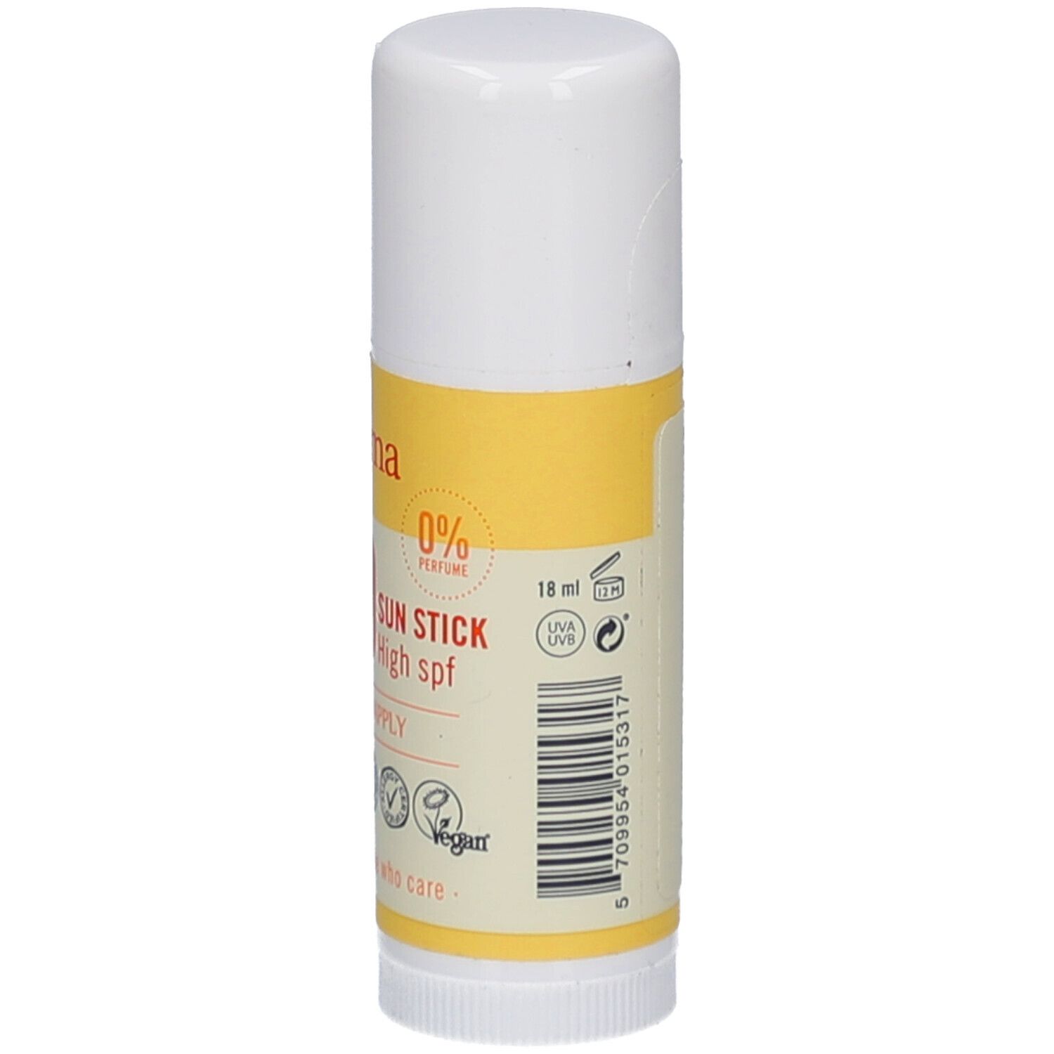 Witte zonnebrandstick met geel etiket. Opschrift: Derma, 50, Sun Stick High spf. Logo's en tekst: Easy to apply, voor mensen die geven.