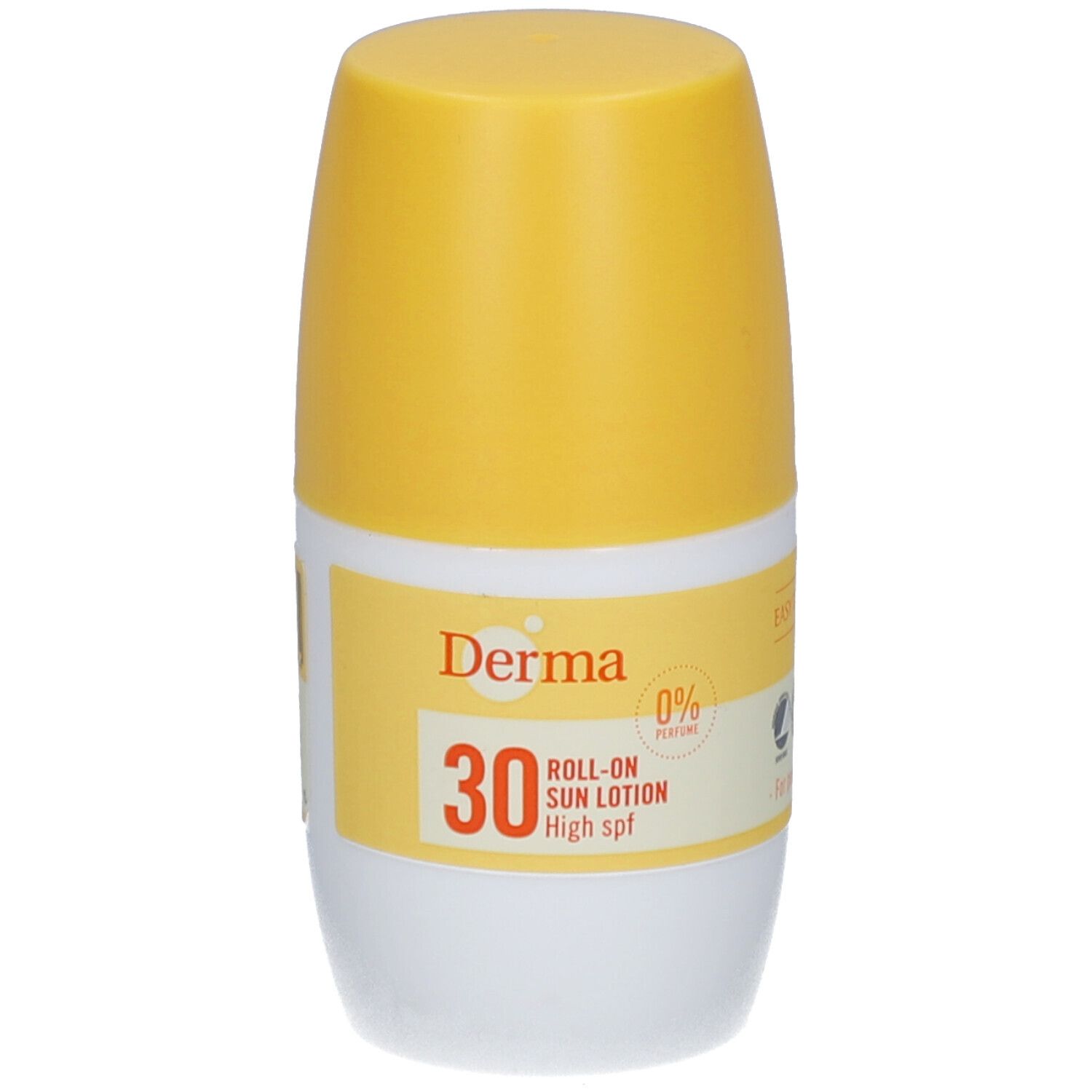 Roll-on zonnebrandlotion met gele dop. Opschrift: Derma, 30, Roll-on Sun Lotion, High spf. 0% parfum.