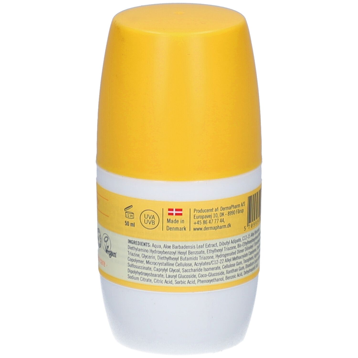 Achterkant van de roll-on zonnebrandlotion. Ingrediënten, UVA/UVB-symbool, 50 ml, gemaakt in Denemarken.