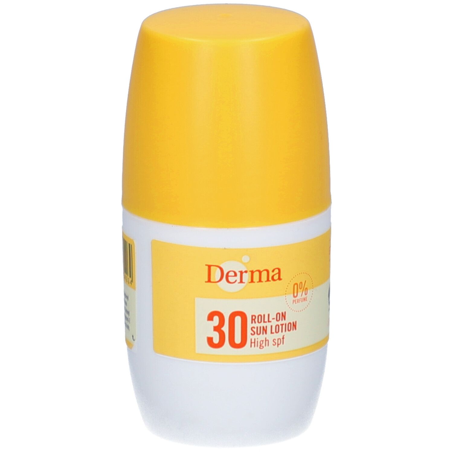 Roll-on zonnebrandlotion met gele dop. Opschrift: Derma, 30, Roll-on Sun Lotion, High spf. 0% parfum.