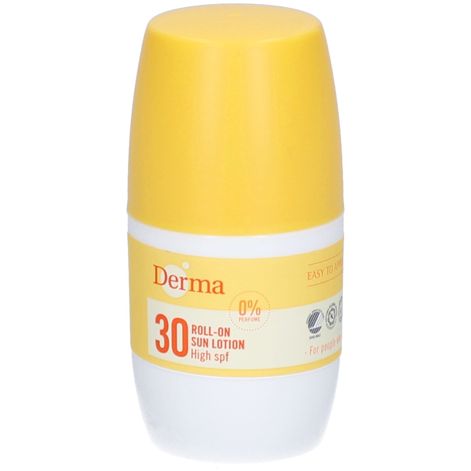 Roll-on zonnebrandlotion met gele dop. Opschrift: Derma, 30, Roll-on Sun Lotion, High spf. 0% parfum. Gemakkelijk aan te brengen.