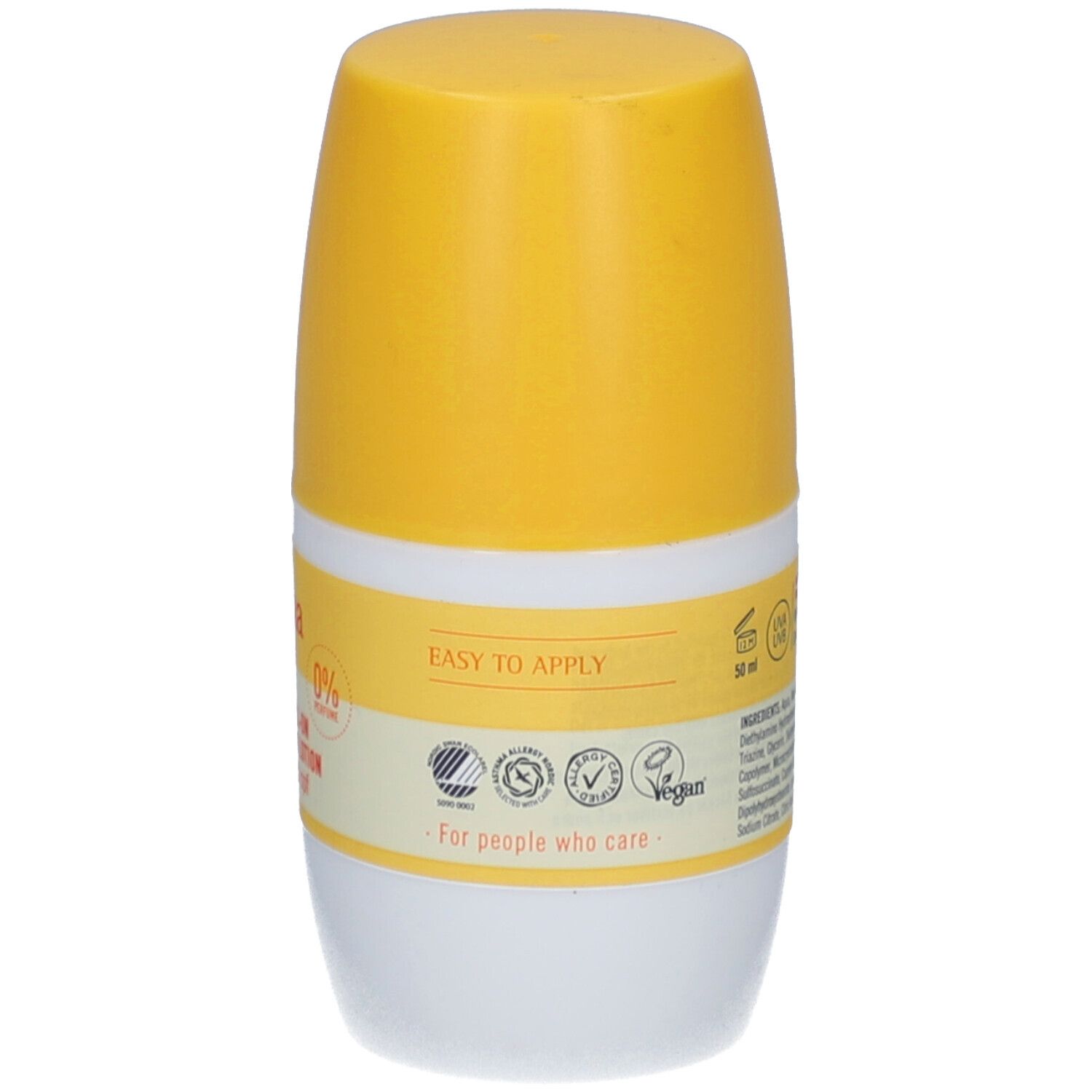 Achterkant van de roll-on zonnebrandlotion. Opschrift: Gemakkelijk aan te brengen. Vegan keurmerk, 50 ml. Voor mensen die geven om.