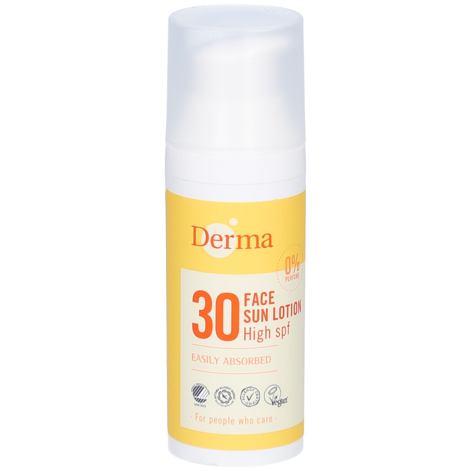Witte fles met geel etiket. Opschrift: Derma, 30 Face Sun Lotion High SPF. Met logo's en tekst.