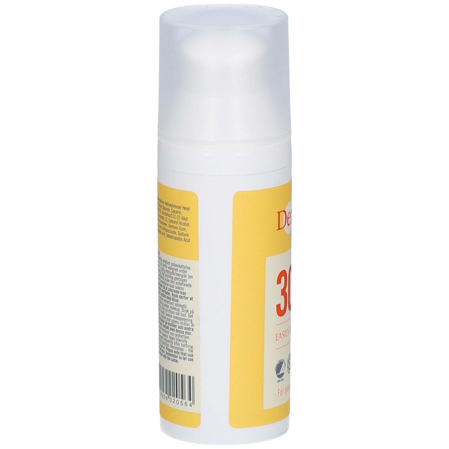 Witte fles met geel etiket. Tekst en barcode op de achterkant. Transparante deksel.