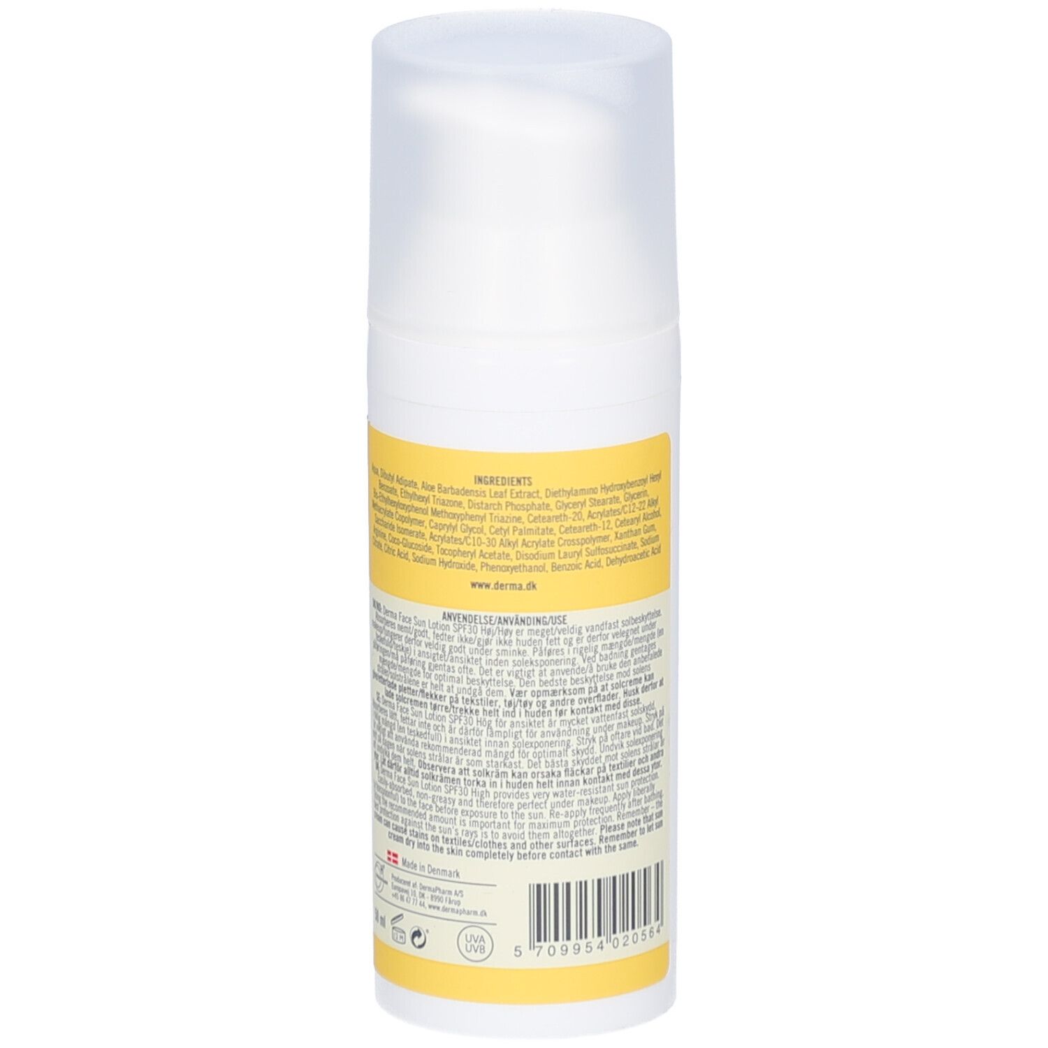 Achterkant van de witte fles. Geel etiket met tekst. Transparante deksel. Ingrediënten en fabrikant informatie.