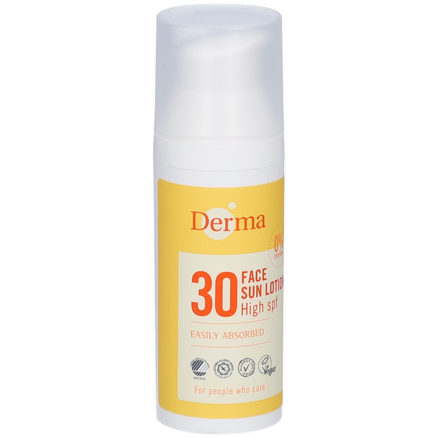 Witte fles met geel etiket. Opschrift: Derma, 30 Face Sun Lotion High SPF. Met logo's en tekst.