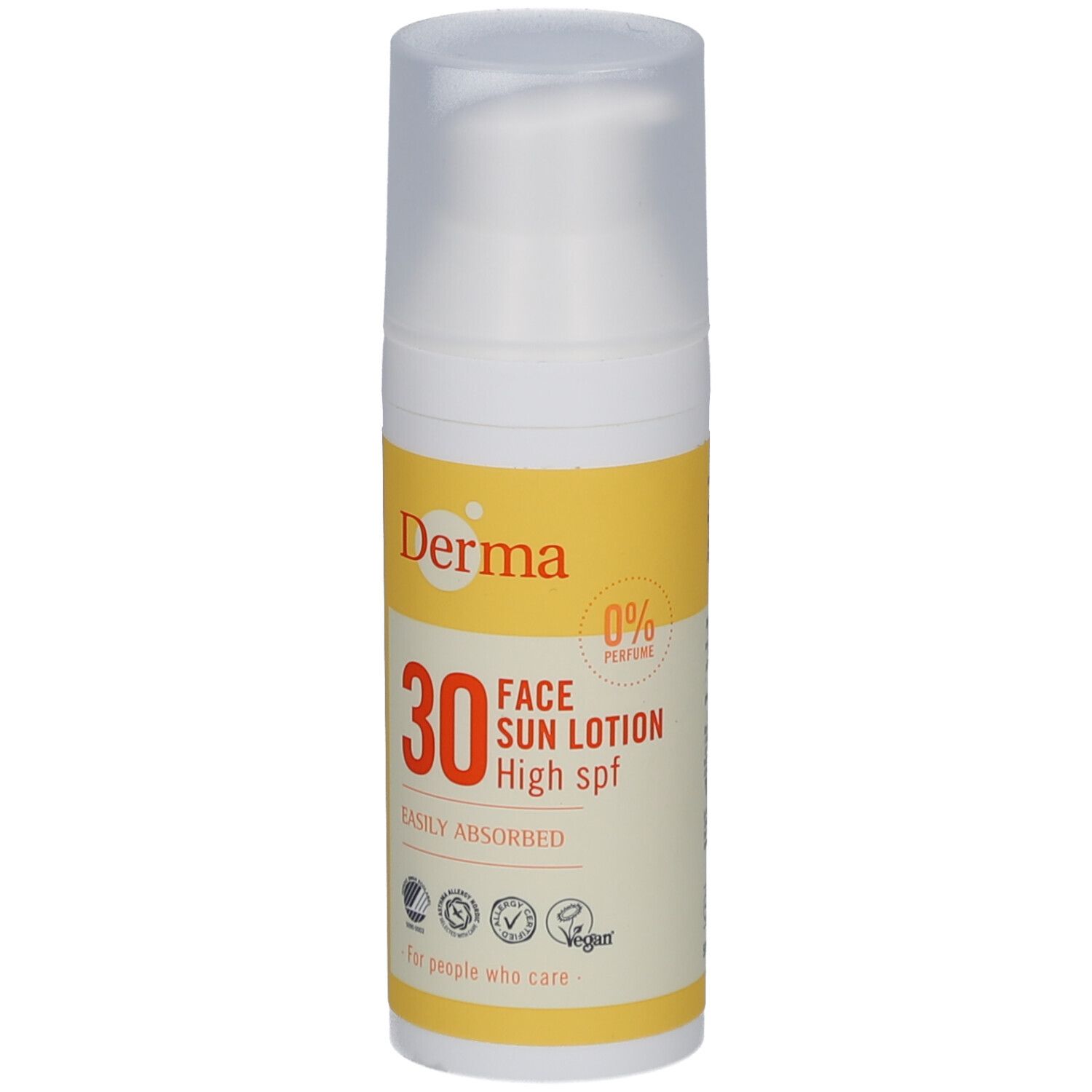 Witte fles met geel etiket. Opschrift: Derma, 30 Face Sun Lotion High SPF. Met logo's en tekst.
