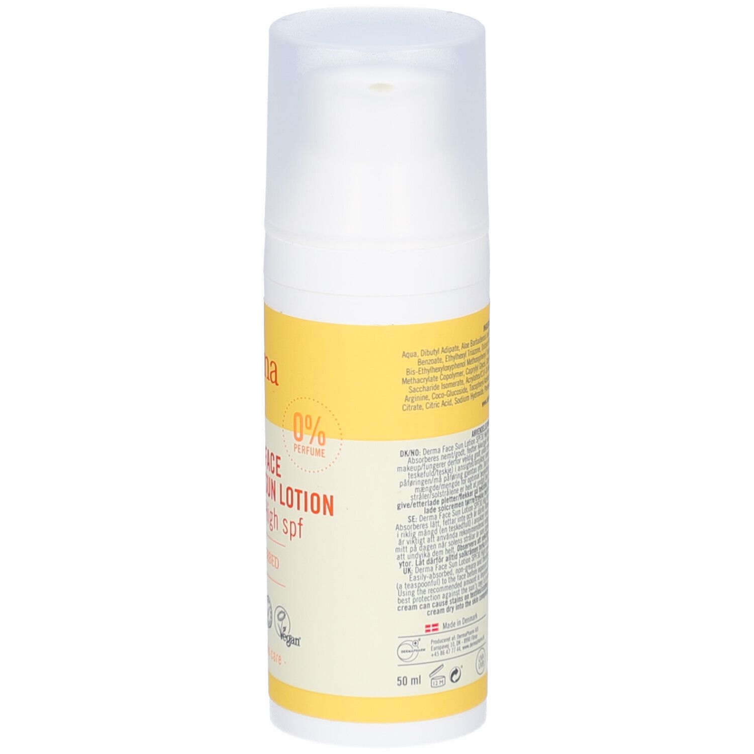 Achterkant van de witte fles. Geel etiket met tekst. Transparante deksel. 50 ml.