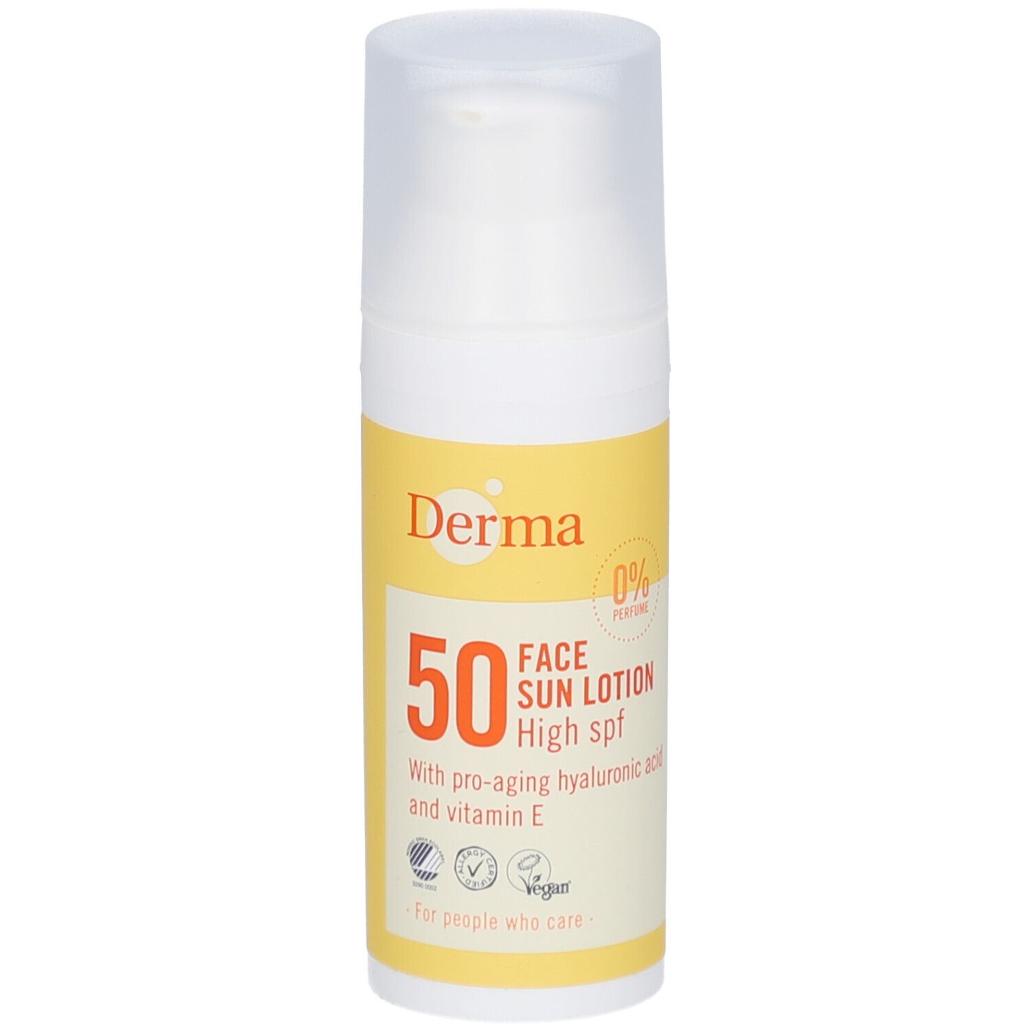 Witte fles met geel etiket. Opschrift: Derma, 50, Face Sun Lotion High spf. Met hyaluronzuur en vitamine E. Vegan.