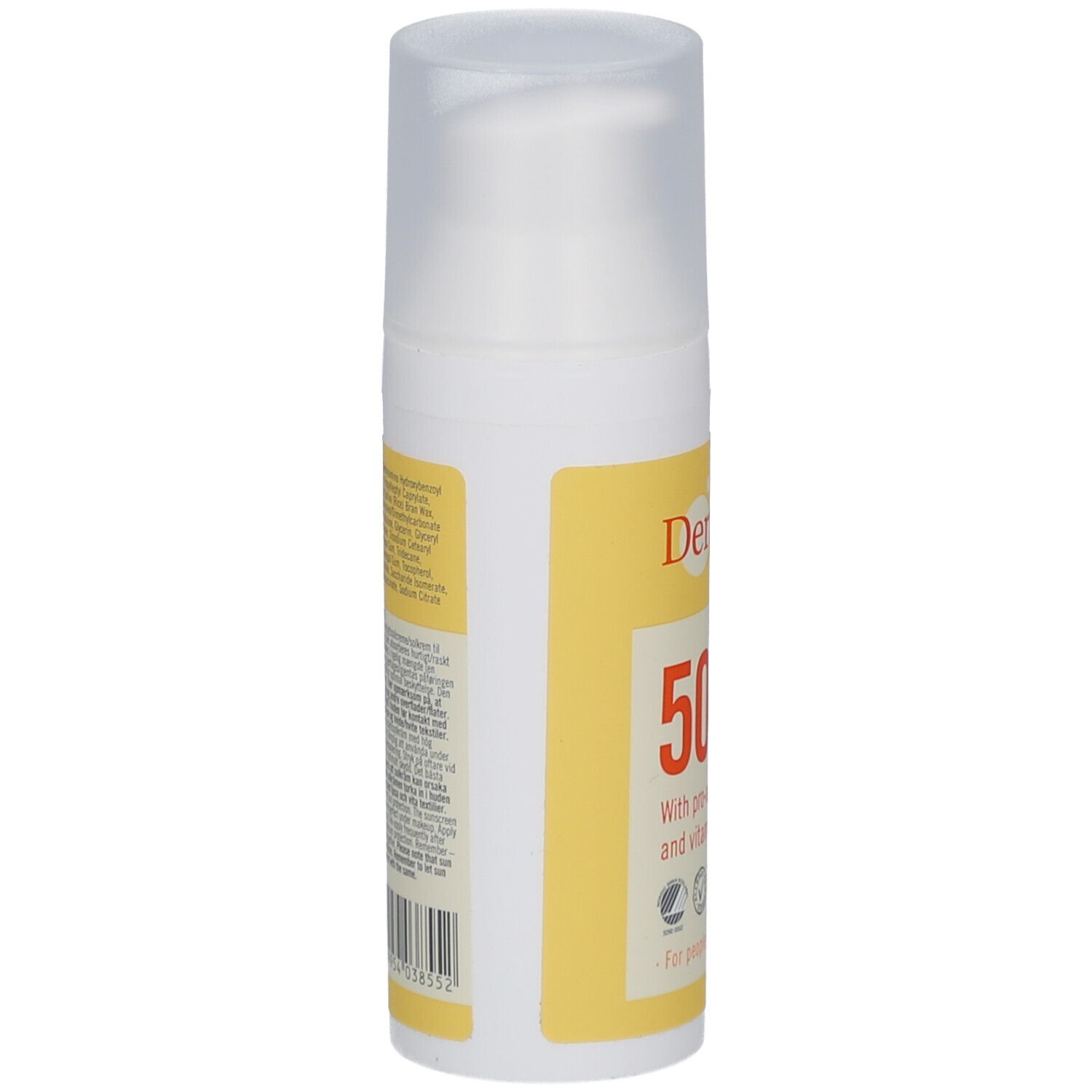 Witte fles met geel etiket. Tekst en barcode op de zijkant. Transparante deksel. Productnaam niet zichtbaar.