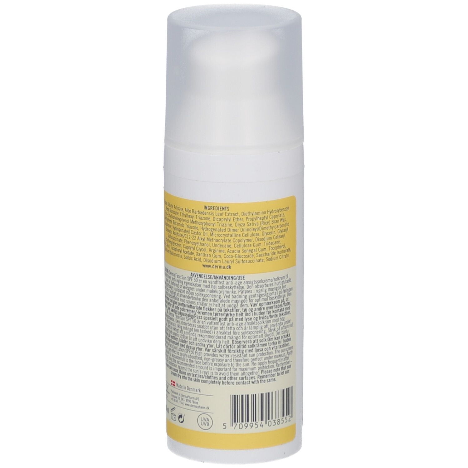 Witte fles met geel etiket. Achterkant met ingrediënten en gebruiksaanwijzing. Transparante deksel.