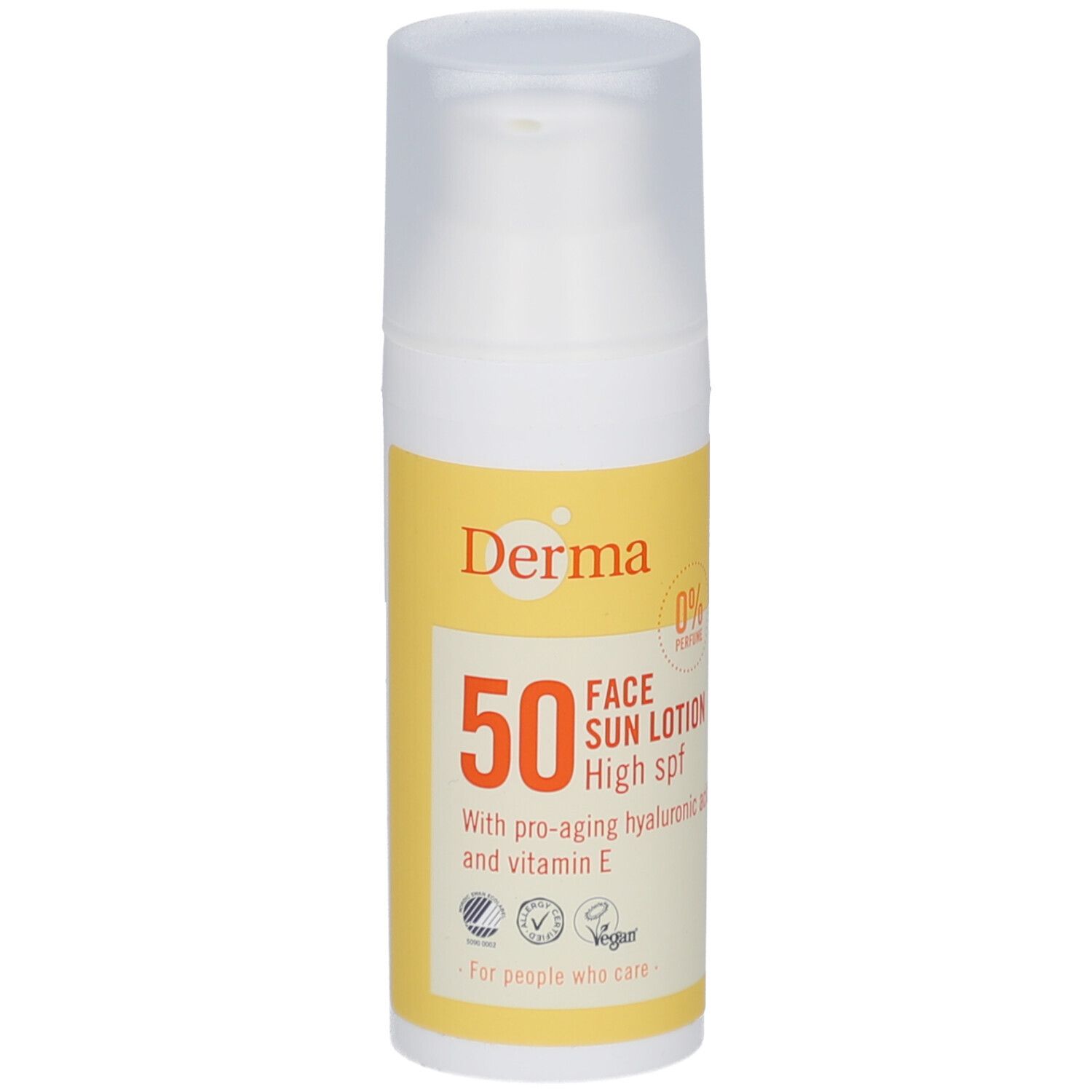 Witte fles met geel etiket. Opschrift: Derma, 50, Face Sun Lotion High spf. Met hyaluronzuur en vitamine E. Vegan.