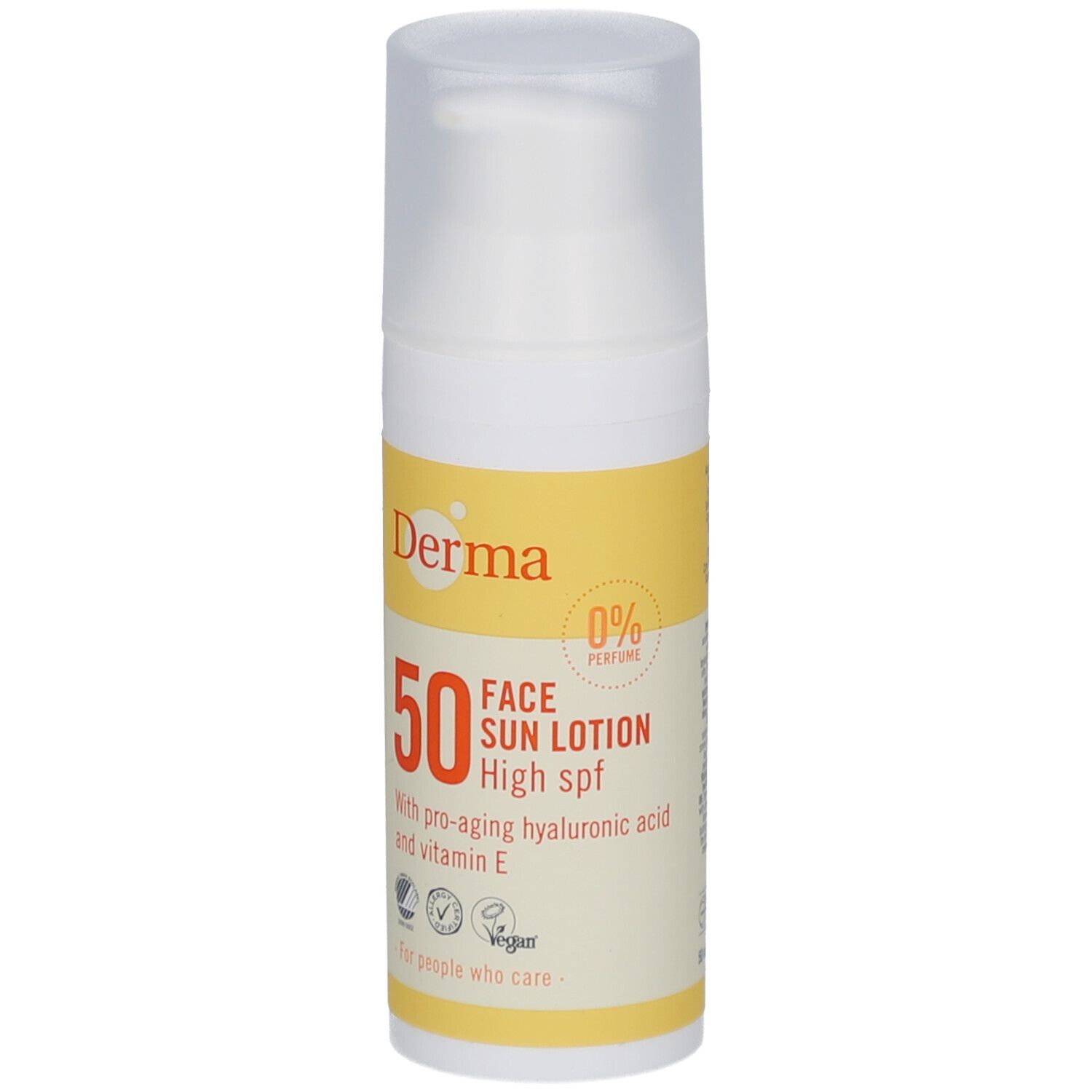 Witte fles met geel etiket. Opschrift: Derma, 50, Face Sun Lotion High spf. Met hyaluronzuur en vitamine E. Vegan.