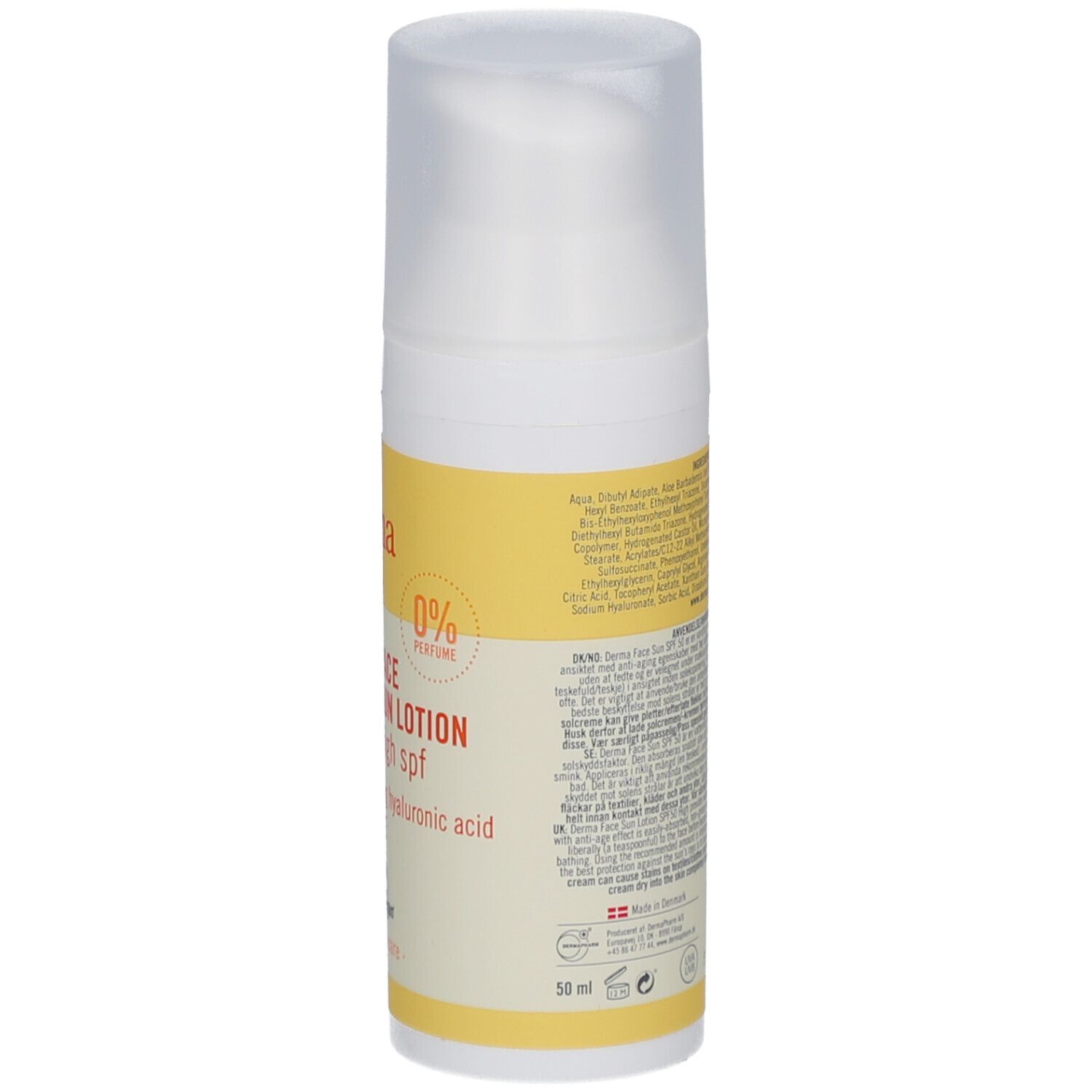 Witte fles met geel etiket. Opschrift: Derma, 50, Face Sun Lotion High spf. Met hyaluronzuur. Tekst op de achterkant.