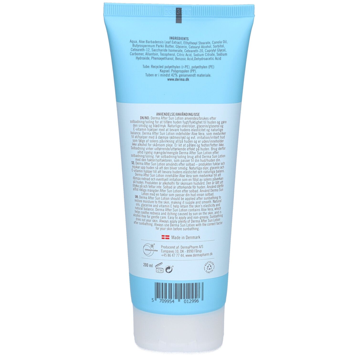 Achterkant van de lichtblauwe tube. Bevat ingrediënten en gebruiksaanwijzing. Tekst "Made in Denmark". Volumeaanduiding van 200 ml. Barcode.