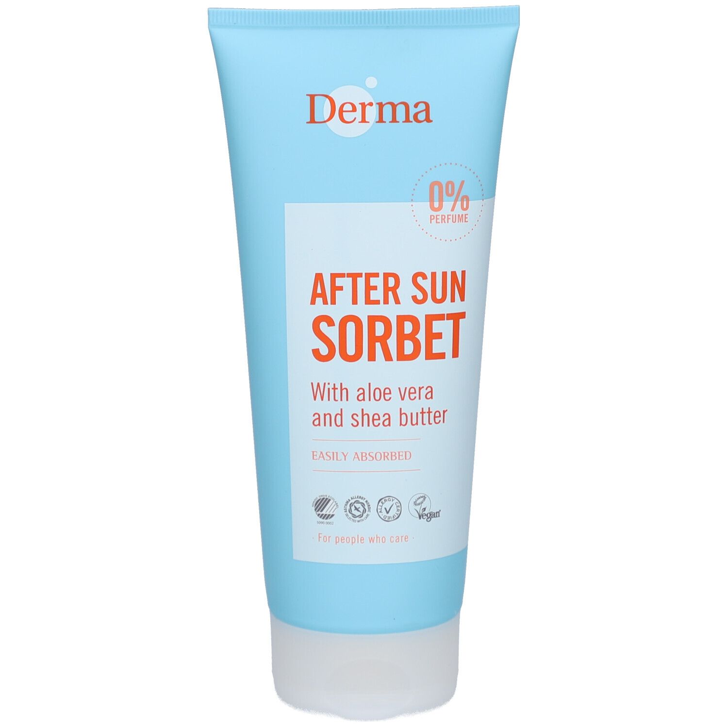 Lichtblauwe tube met witte dop. Opschrift "Derma" en "After Sun Sorbet". Bevat aloë vera en sheaboter. Vegan.