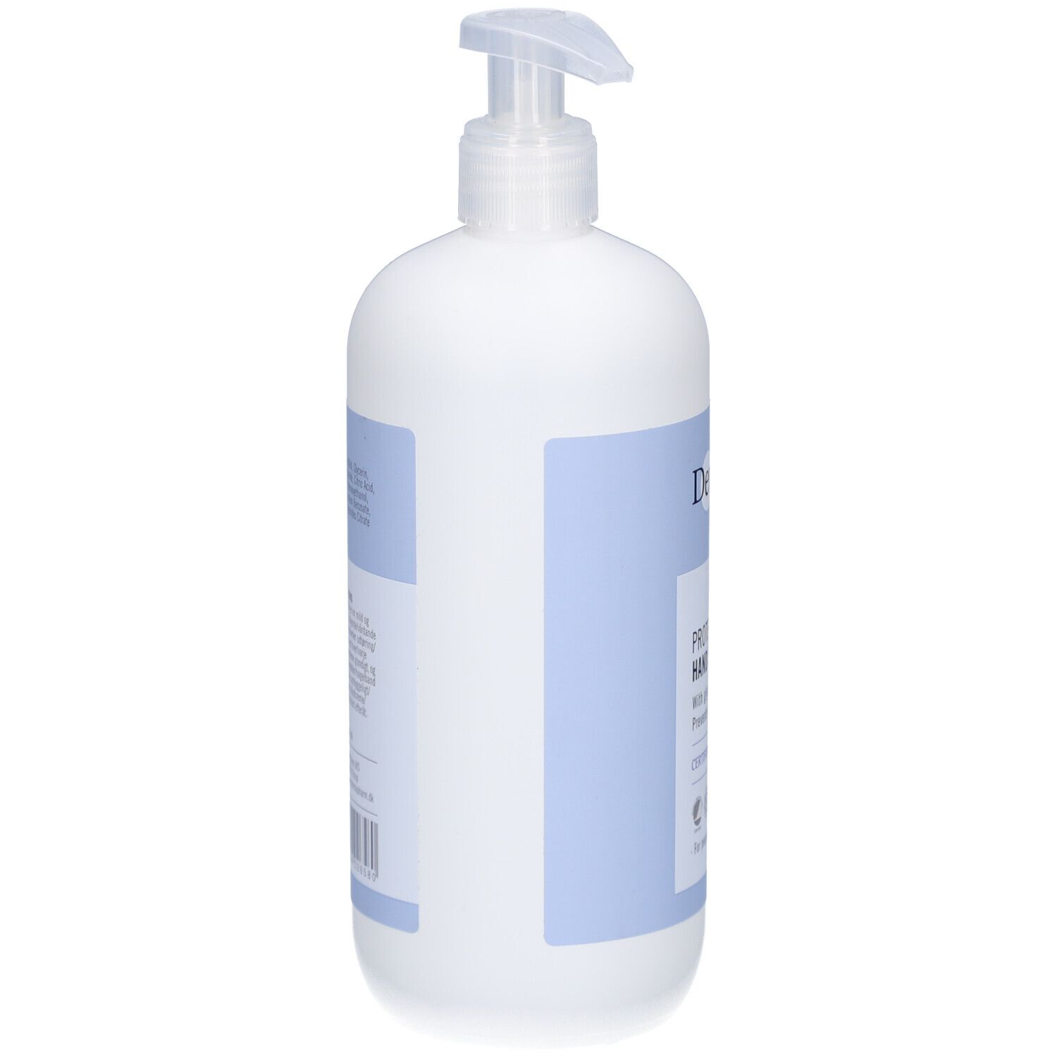 Witte handzeepfles met blauw etiket. Zijaanzicht. Met pompje.