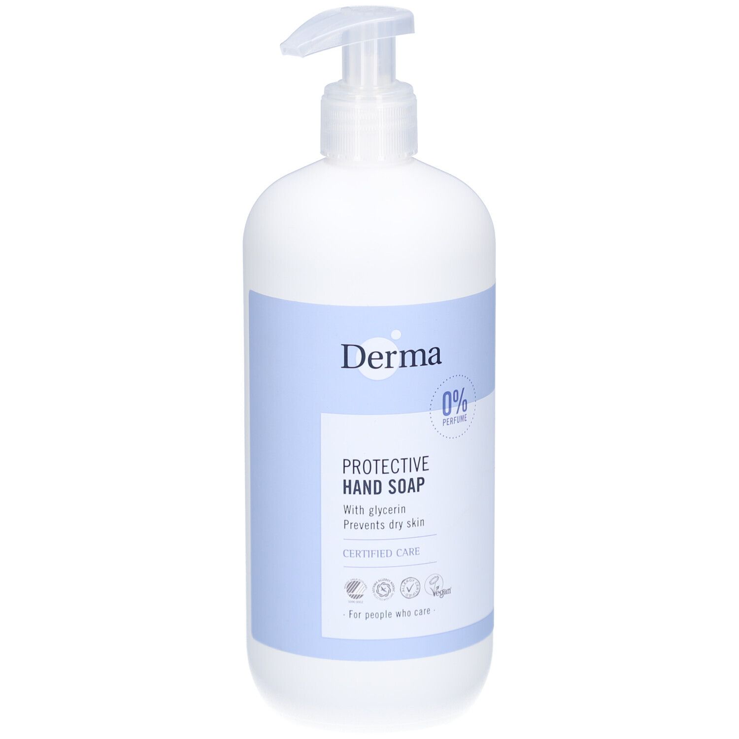 Witte handzeepfles met blauw etiket. Opschrift: Derma, Protective Hand Soap, 0% parfum. Met pompje.