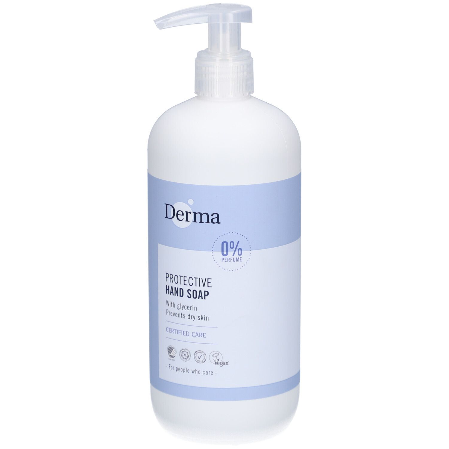 Witte handzeepfles met blauw etiket. Opschrift: Derma, Protective Hand Soap, 0% parfum. Met pompje.