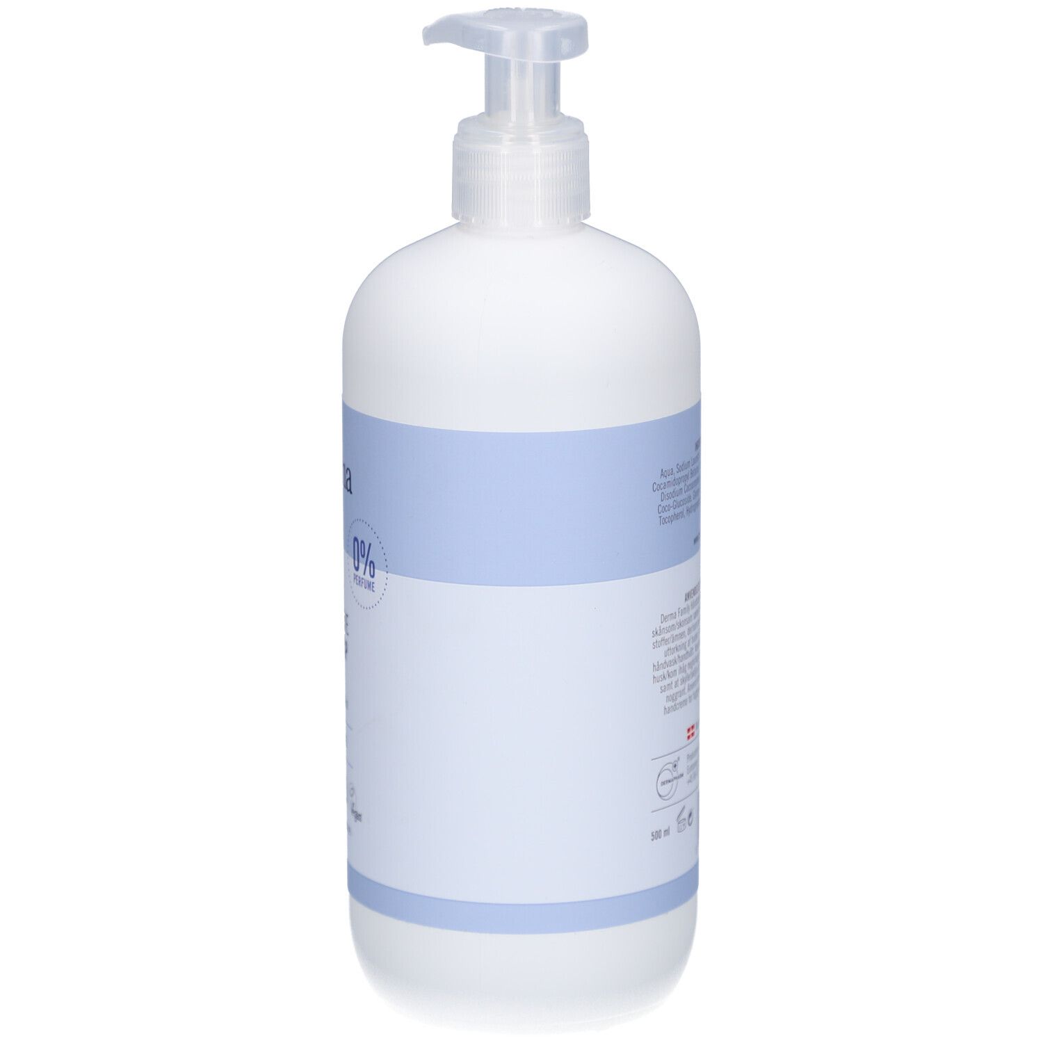 Witte handzeepfles met blauw etiket. Zijaanzicht. Opschrift: Derma, 0% parfum. Met pompje.
