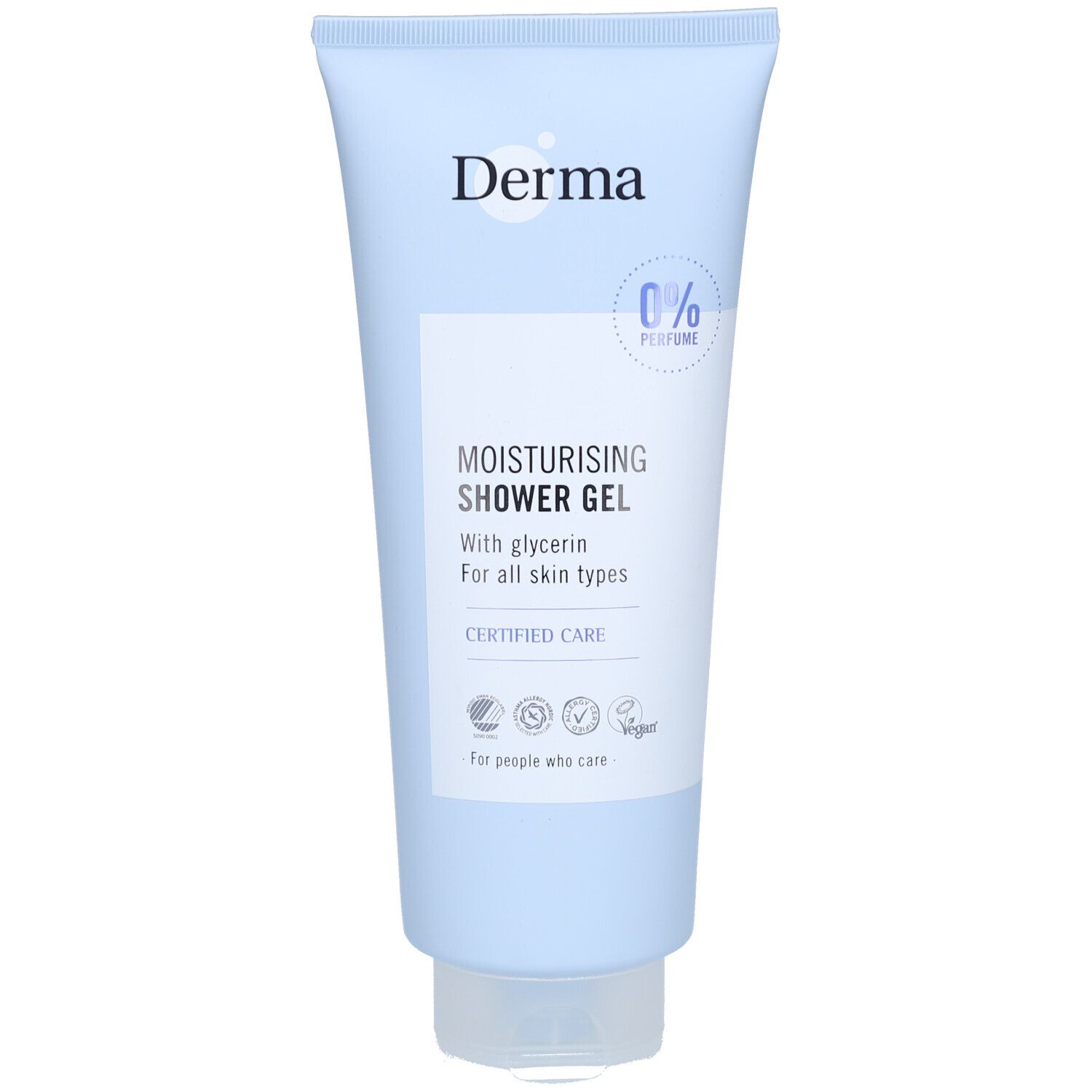 Lichtblauwe tube met witte dop. Opschrift: Derma, Moisturising Shower Gel, 0% parfum. Voor alle huidtypen.
