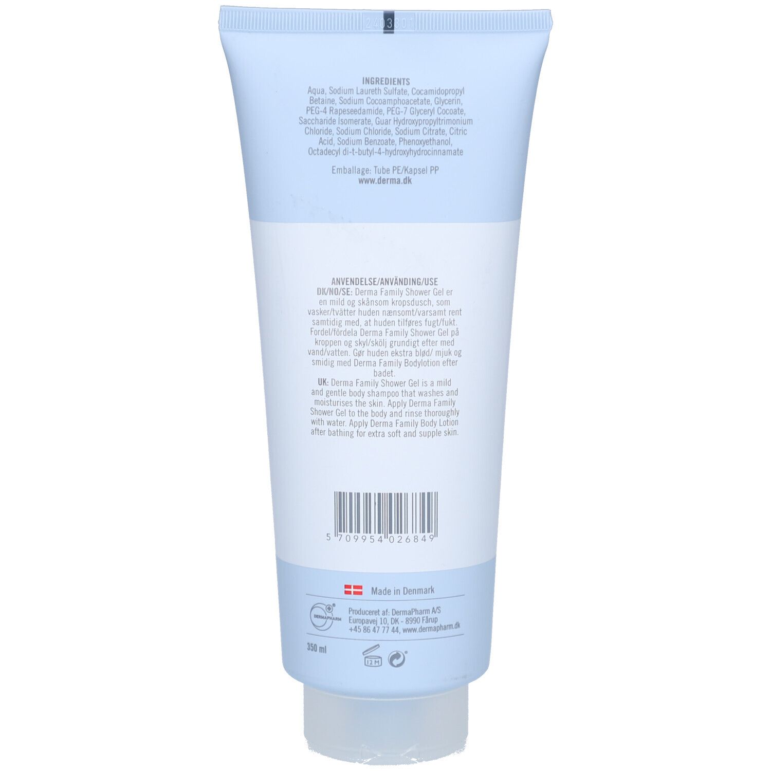 Achterkant van de lichtblauwe tube. Bevat ingrediënten, gebruiksaanwijzing en barcode. Gemaakt in Denemarken.