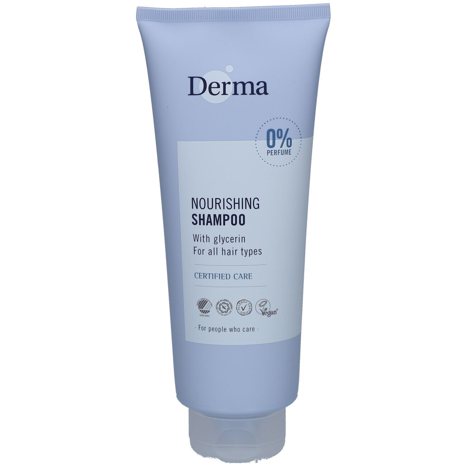 Lichtblauwe shampoo tube. Opschrift: Derma, 0% Perfume, Nourishing Shampoo, With glycerin, For all hair types. Gecertificeerde verzorging. Vegan keurmerk.