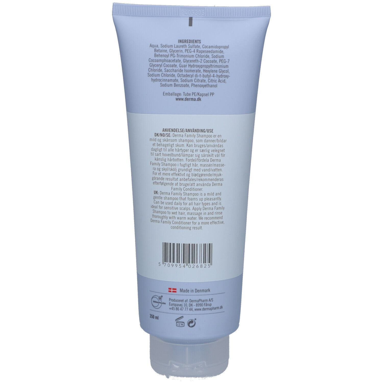 Achterkant van de lichtblauwe shampoo tube. Bevat ingrediënten, gebruiksaanwijzing en barcode. Gemaakt in Duitsland. Vegan keurmerk.