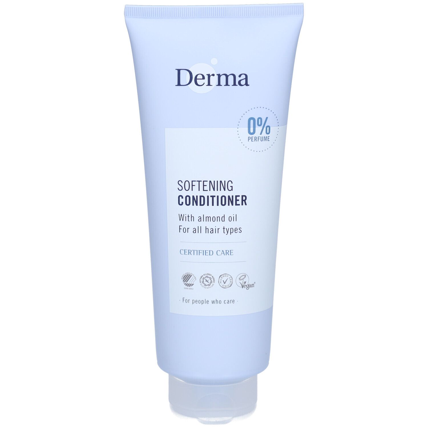 Lichtblauwe tube met wit etiket. Opschrift: Derma, 0% Parfum, Softening Conditioner. Bevat amandelolie. Gecertificeerde verzorging.