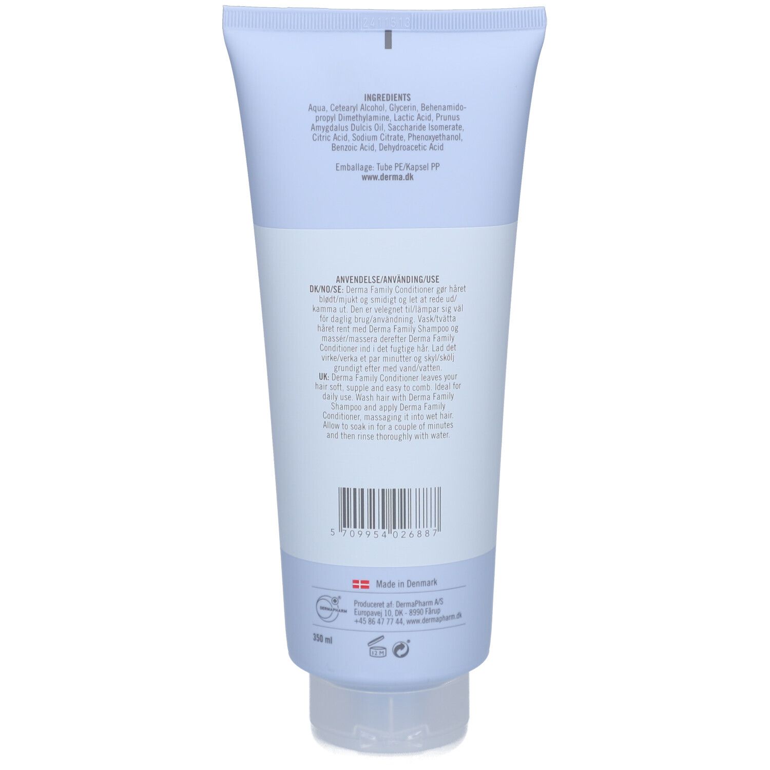 Achterkant van de lichtblauwe tube. Bevat ingrediënten, gebruiksaanwijzing en barcode. Gemaakt in Denemarken. Volume: 200 ml.