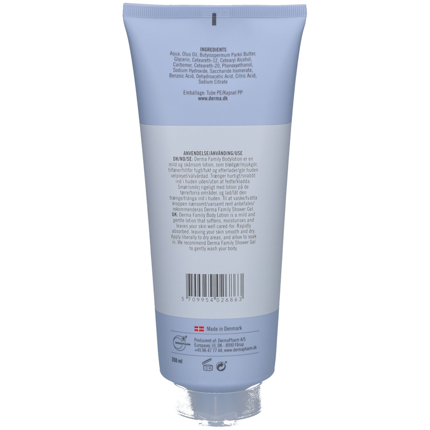 Achterkant van de lichtblauwe tube. Bevat ingrediënten, gebruiksaanwijzing en barcode. Gemaakt in Denemarken.
