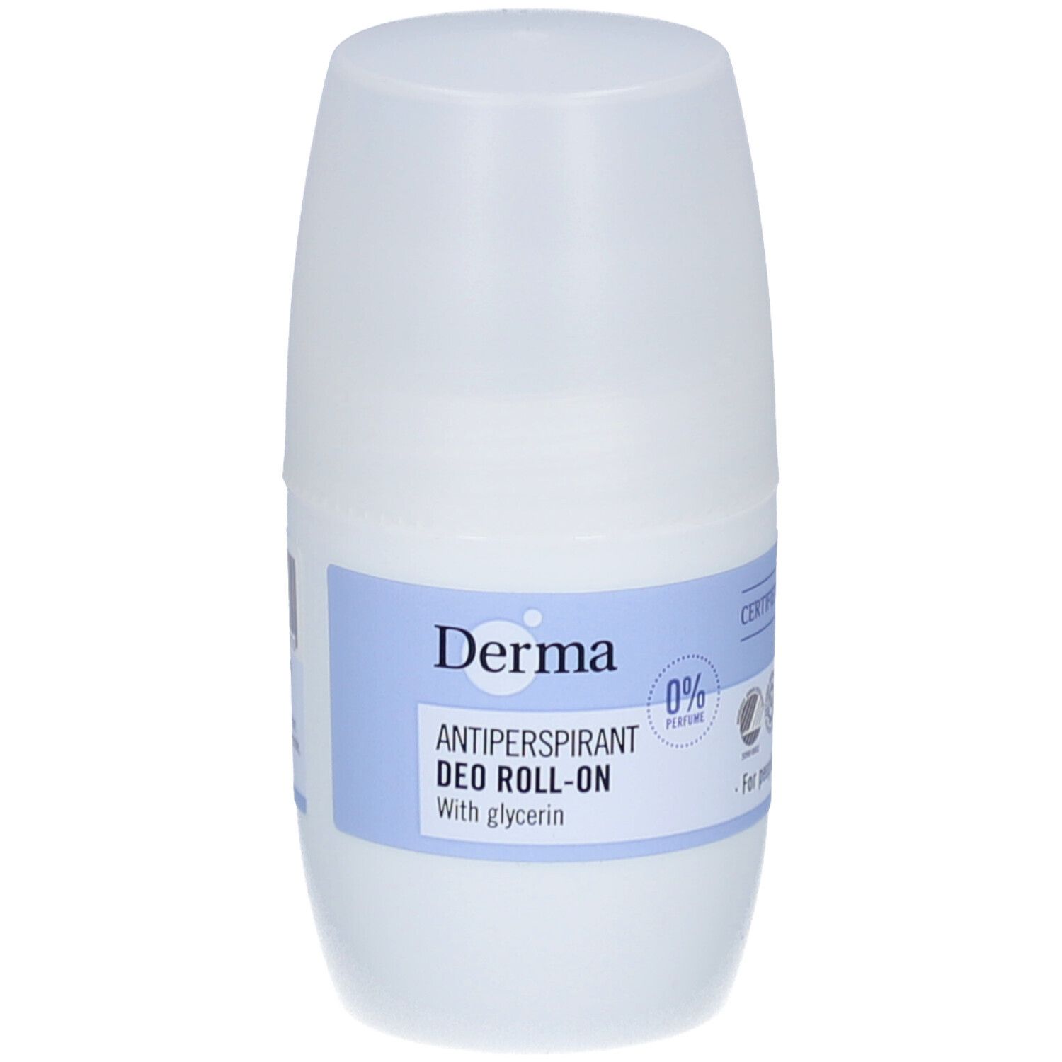 Witte roll-on deodorant. Opschrift: Derma, Antiperspirant Deo Roll-on, 0% Parfum. Met glycerine.