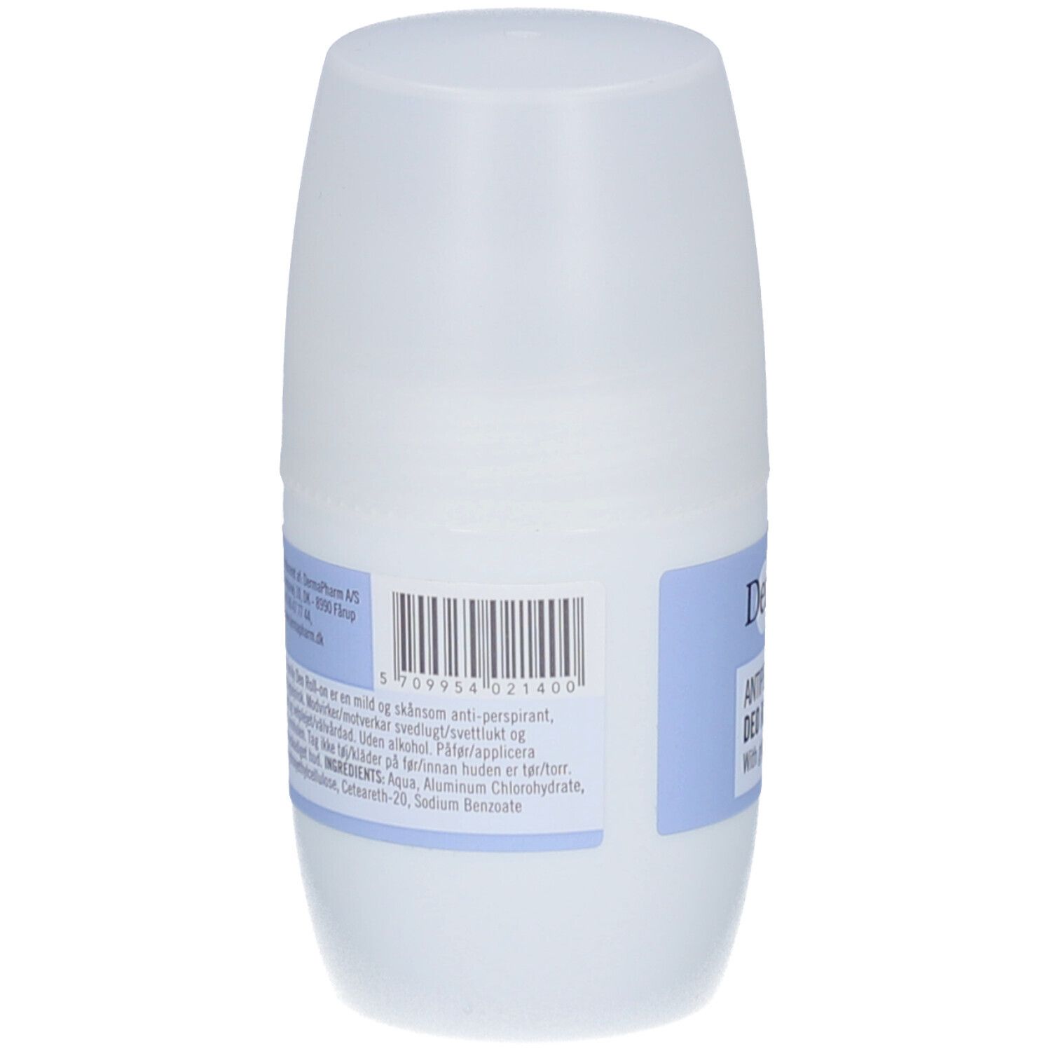 Achterkant van de witte roll-on deodorant. Barcode en tekst. Opschrift: Derma, Antiperspirant Deo Roll-on.