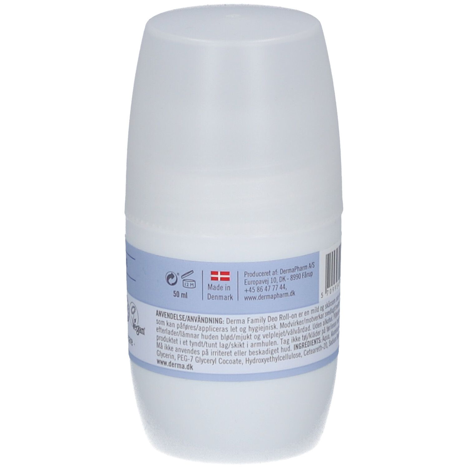 Achterkant van de witte roll-on deodorant. Tekst en symbolen. Opschrift: Derma Family Deo Roll-on, 50 ml.