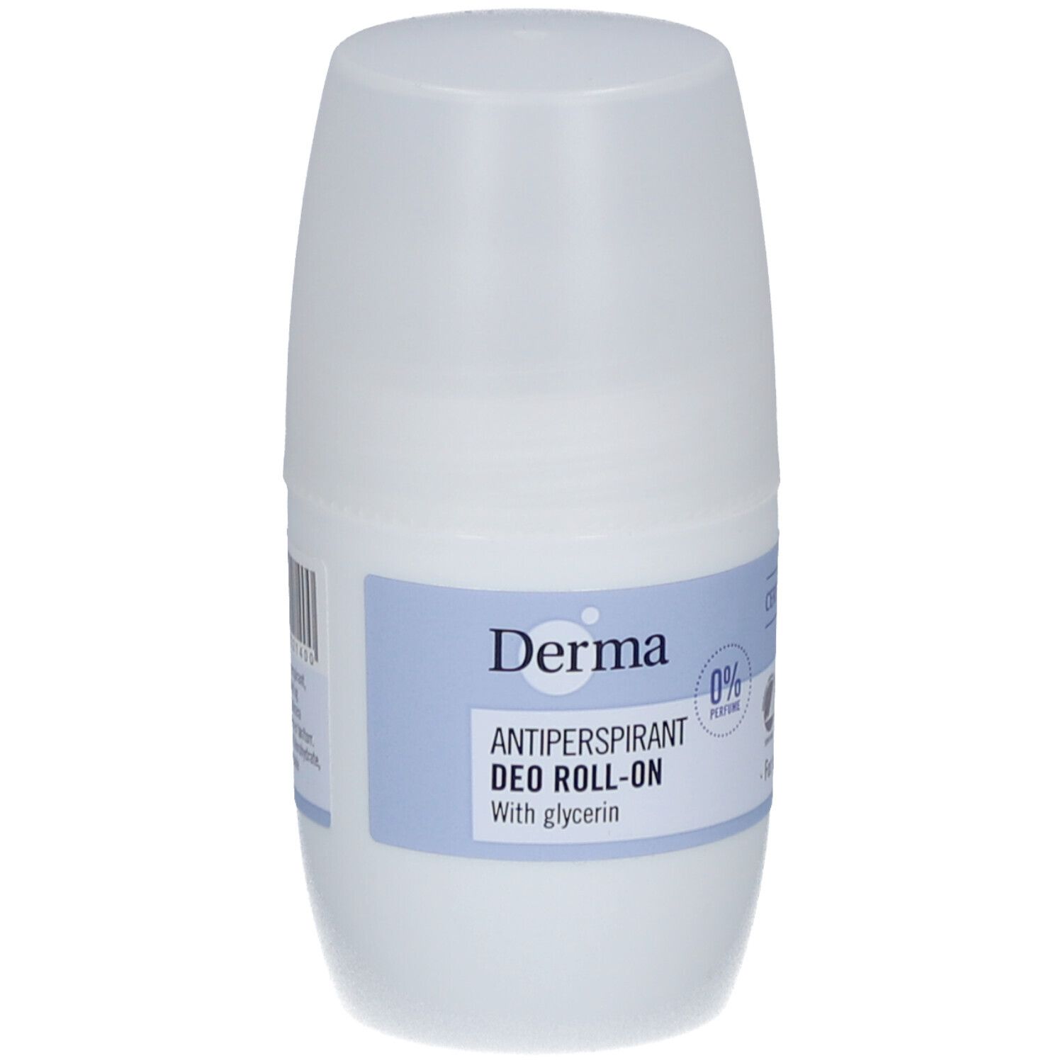 Witte roll-on deodorant. Opschrift: Derma, Antiperspirant Deo Roll-on, 0% Parfum. Met glycerine.