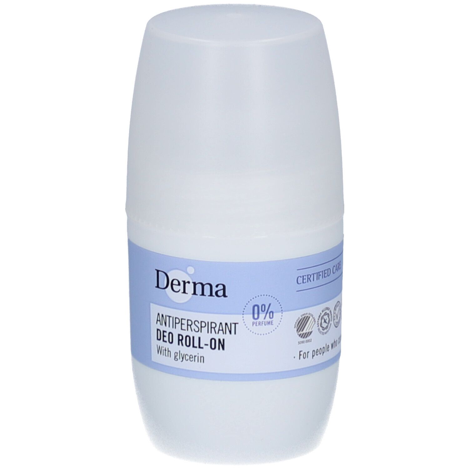 Witte roll-on deodorant. Opschrift: Derma, Antiperspirant Deo Roll-on, 0% Parfum. Met glycerine.