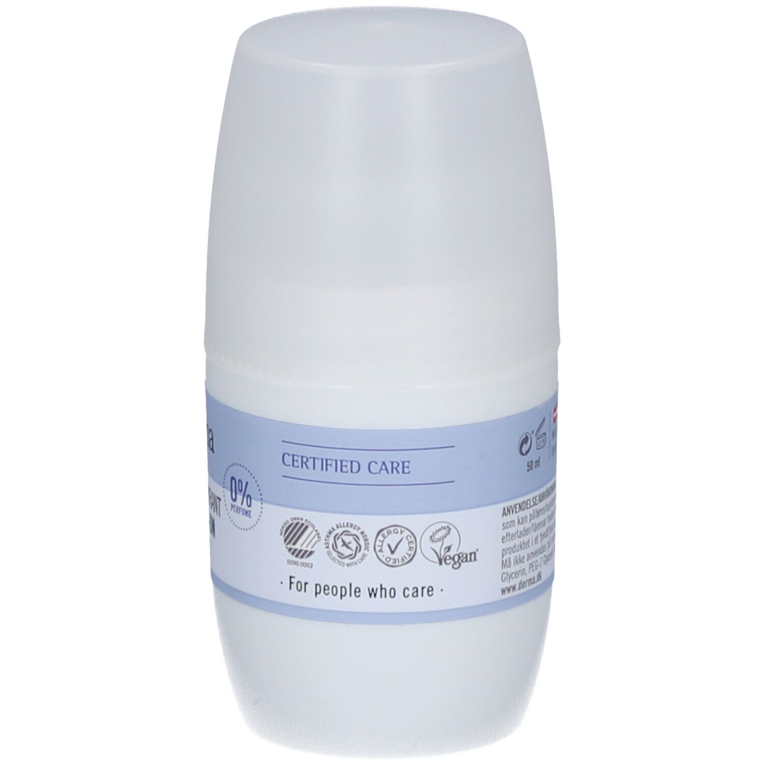 Witte roll-on deodorant. Opschrift: Derma, Antiperspirant Deo Roll-on, 0% Parfum. Certificeringen.