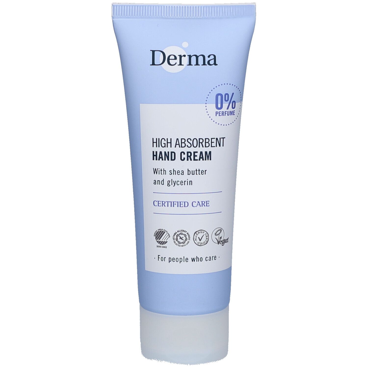 Lichtblauwe handcrèmetube. Opschrift: Derma, High Absorbent Hand Cream, 0% Parfum. Met shea butter en glycerine. Gecertificeerde verzorging. Vegan.