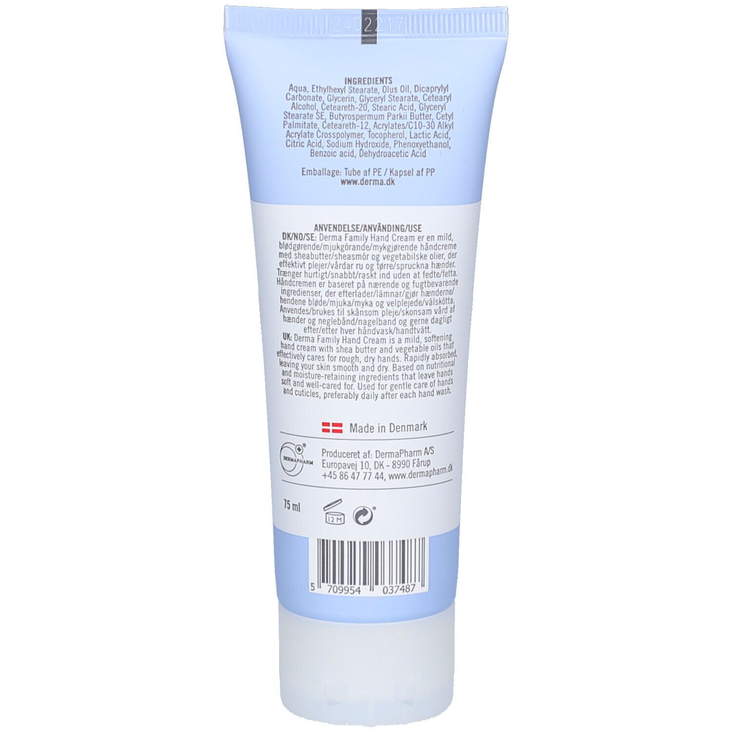 Achterkant van de lichtblauwe handcrèmetube. Bevat ingrediënten, gebruiksaanwijzing, Made in Denmark, 75 ml en recyclingsymbolen.