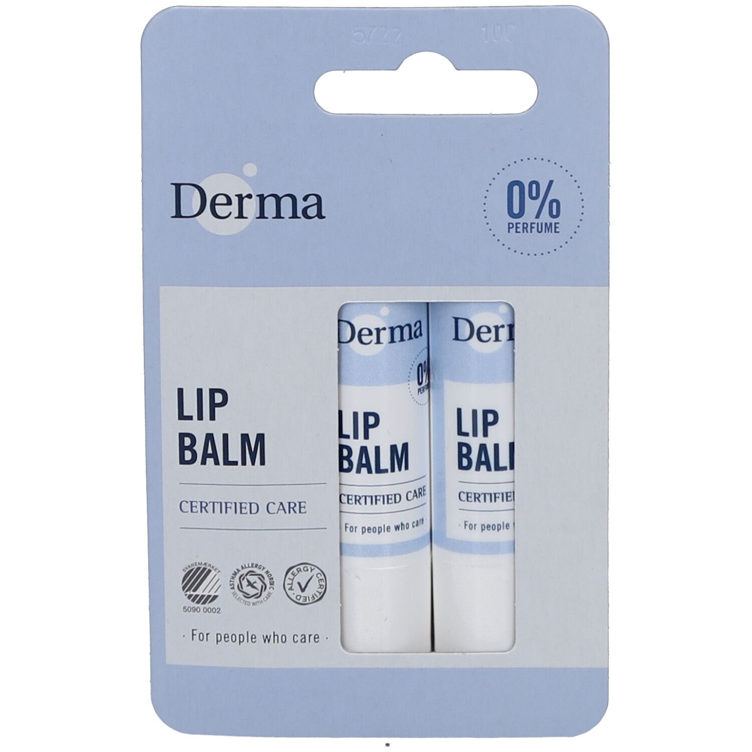 Twee Derma Lip Balms in blisterverpakking. Blauwe verpakking met productnaam en certificeringen.