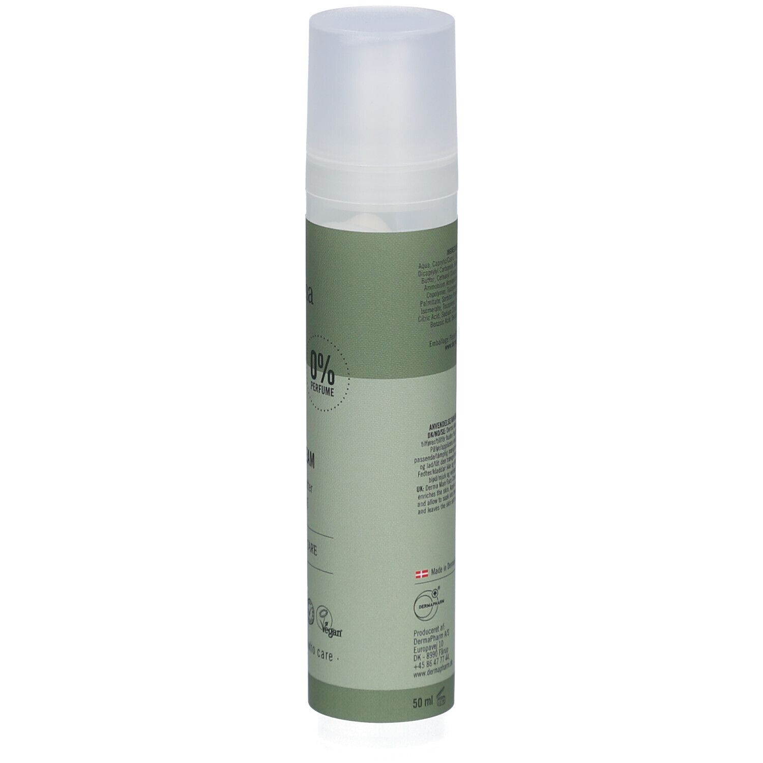 Groene fles met witte dop, zijaanzicht. Opschrift: Derma, MAN FACE CREAM, 0% Parfum. 50 ml.