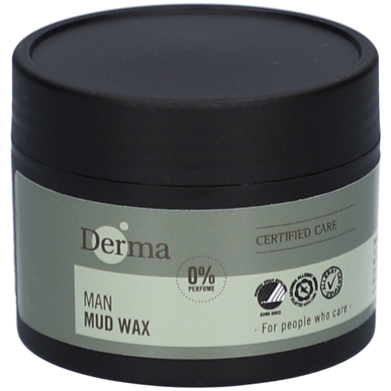 Zwarte pot met deksel. Opschrift: Derma MAN Mud Wax. 0% Parfum. Gecertificeerde verzorging. Zegels.