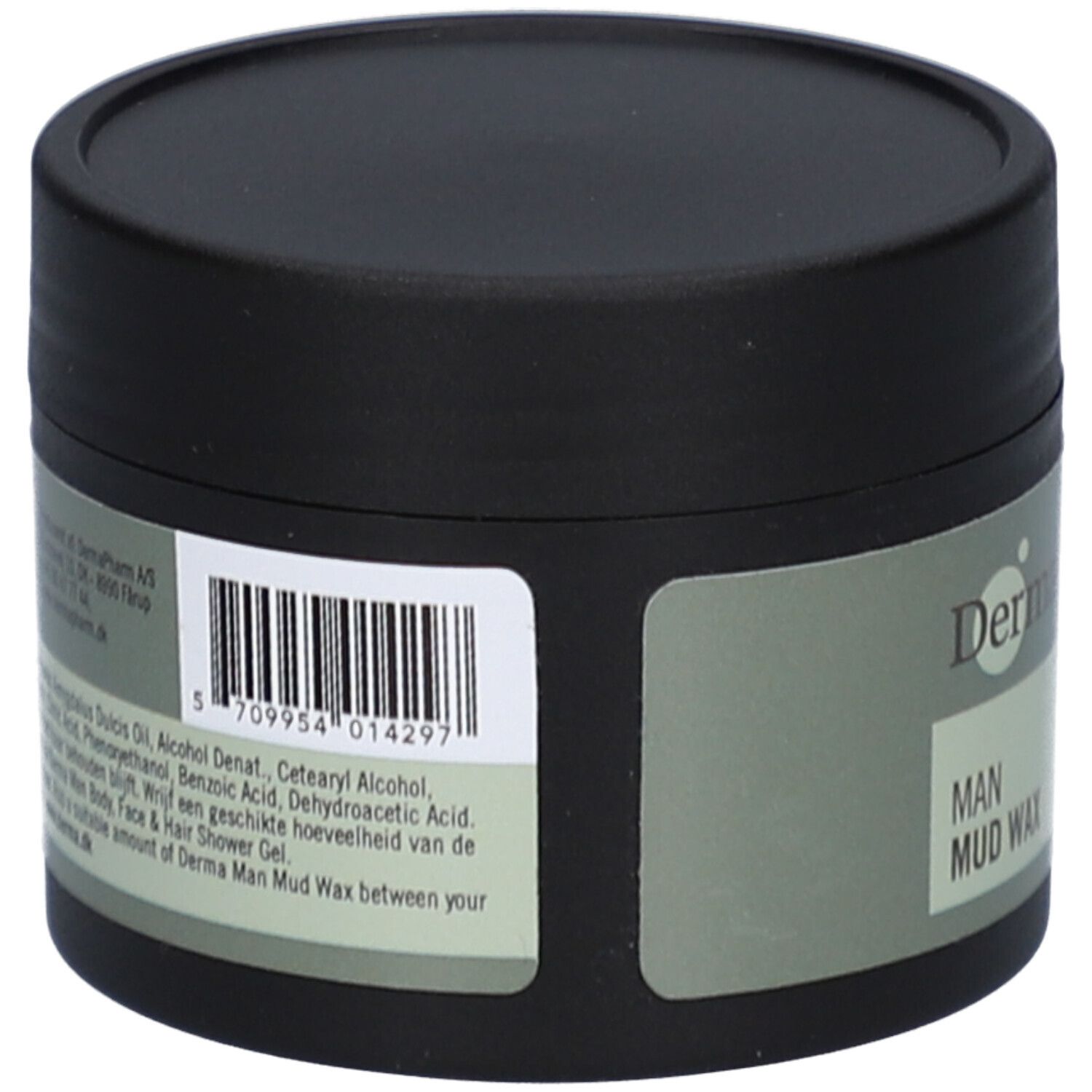 Zwarte pot met deksel. Streepjescode en tekst op etiket. Opschrift: Derma MAN Mud Wax.