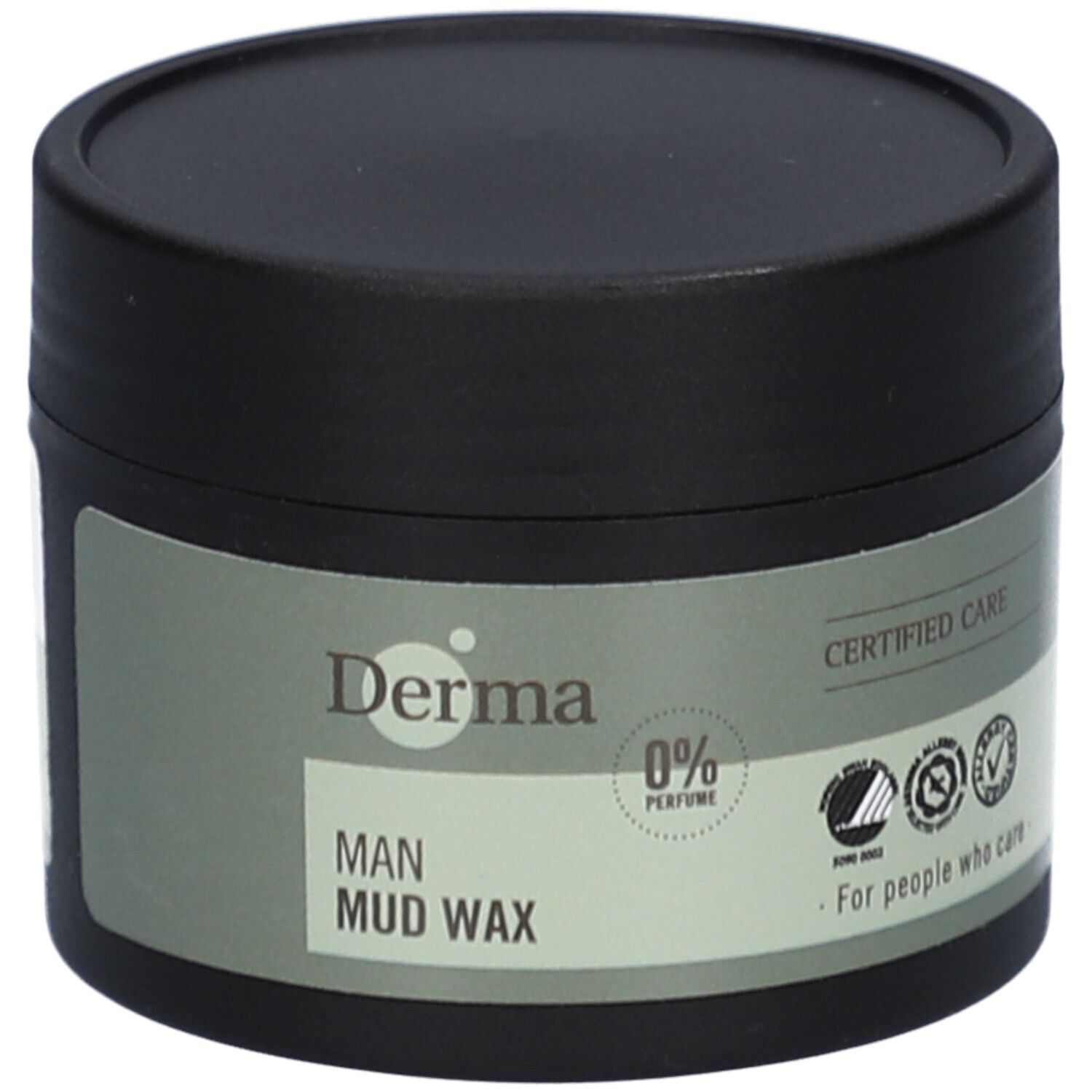 Zwarte pot met deksel. Opschrift: Derma MAN Mud Wax. 0% Parfum. Gecertificeerde verzorging. Zegels.