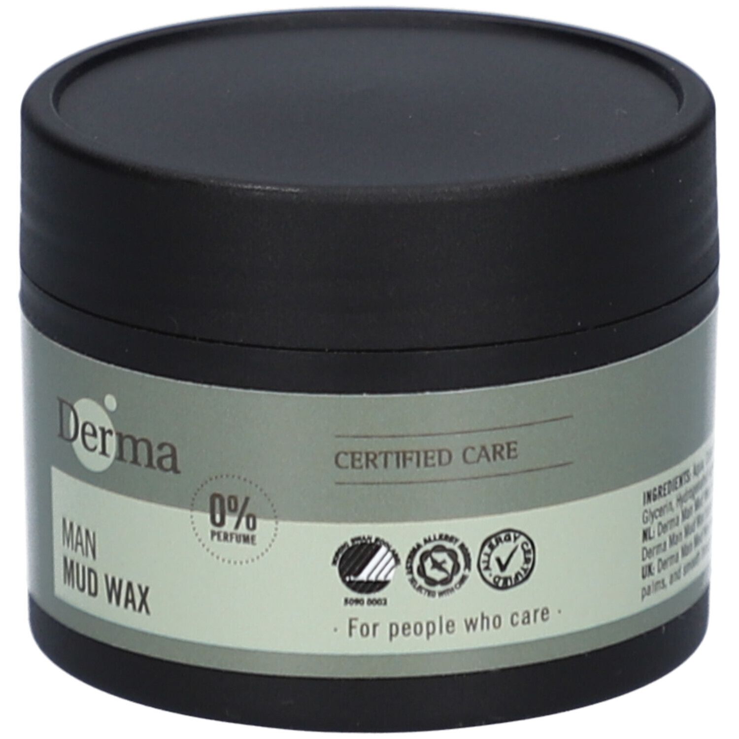 Zwarte pot met deksel. Opschrift: Derma MAN Mud Wax. 0% Parfum. Gecertificeerde verzorging. Zegels.