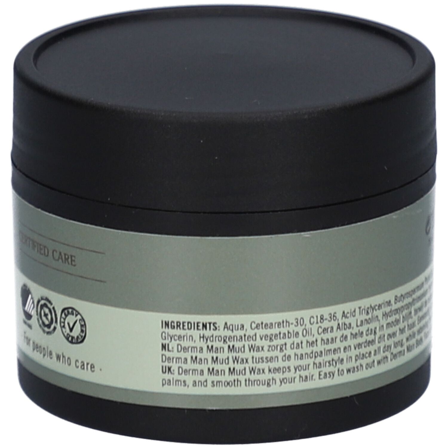 Zwarte pot met deksel. Opschrift: Derma MAN Mud Wax. Gecertificeerde verzorging. Zegels. Ingrediëntenlijst.